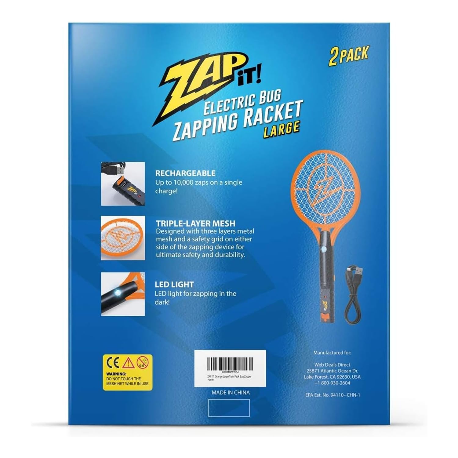 ZAP IT Bug Zapper - Raqueta eléctrica matamoscas – Alta potencia 4000 voltios para interiores – Bate recargable por USB para interiores y exteriores – Mini bate eléctrico portátil para moscas