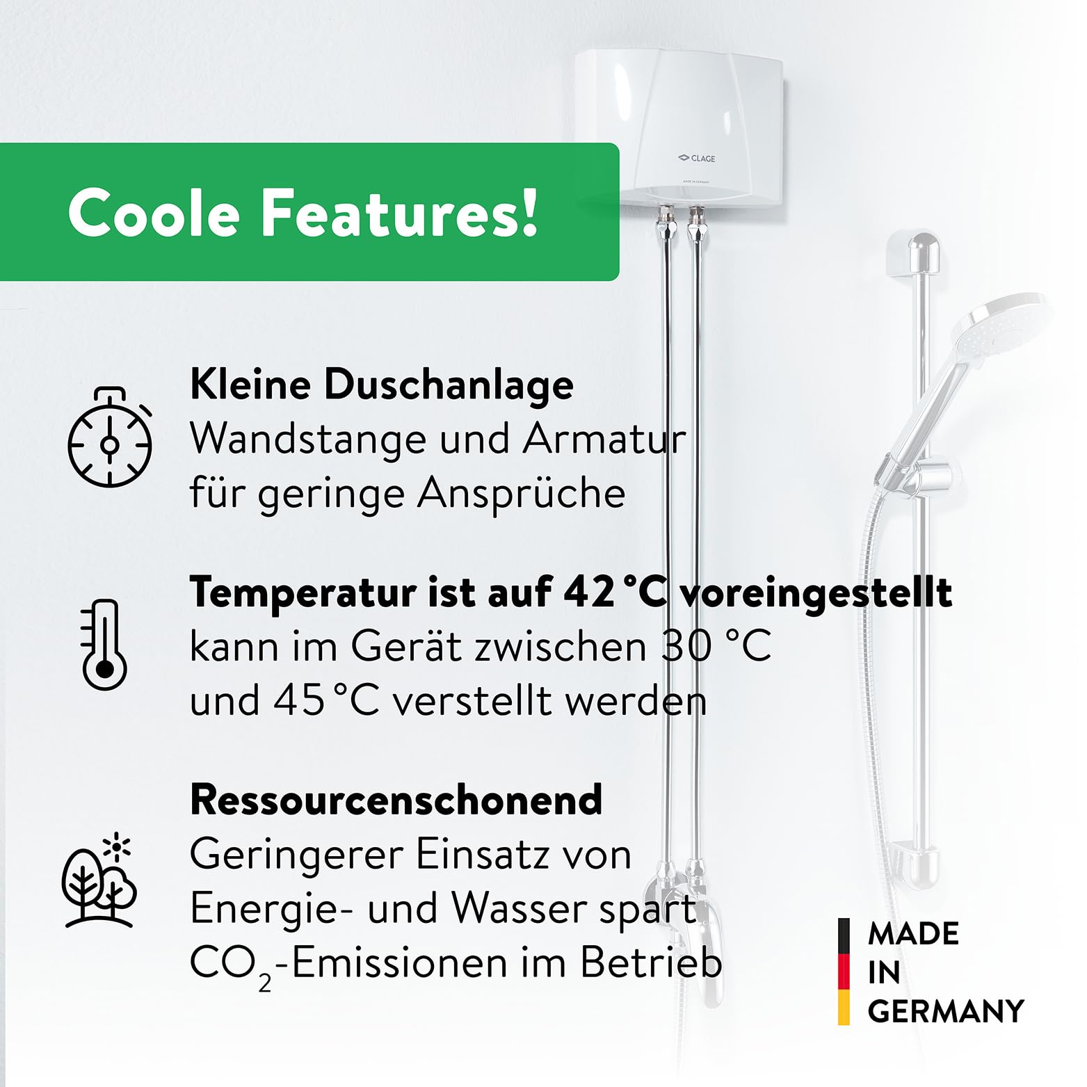 CLAGE MBX4 Shower Durchlauferhitzer Set mit Duscharmatur | Elektronisch geregelt, 3 Temperaturstufen 35/38/45 °C, für Gartenhaus, Pool, Außenbereich, VDE-GS geprüft, 1500-15314