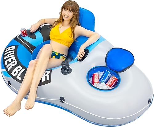 Sunlite Sports New and Upgraded Inflatable River Tube - Heavy Duty Water Float for Lake, River, Pool, Premium Floating Raft with Cup Holders