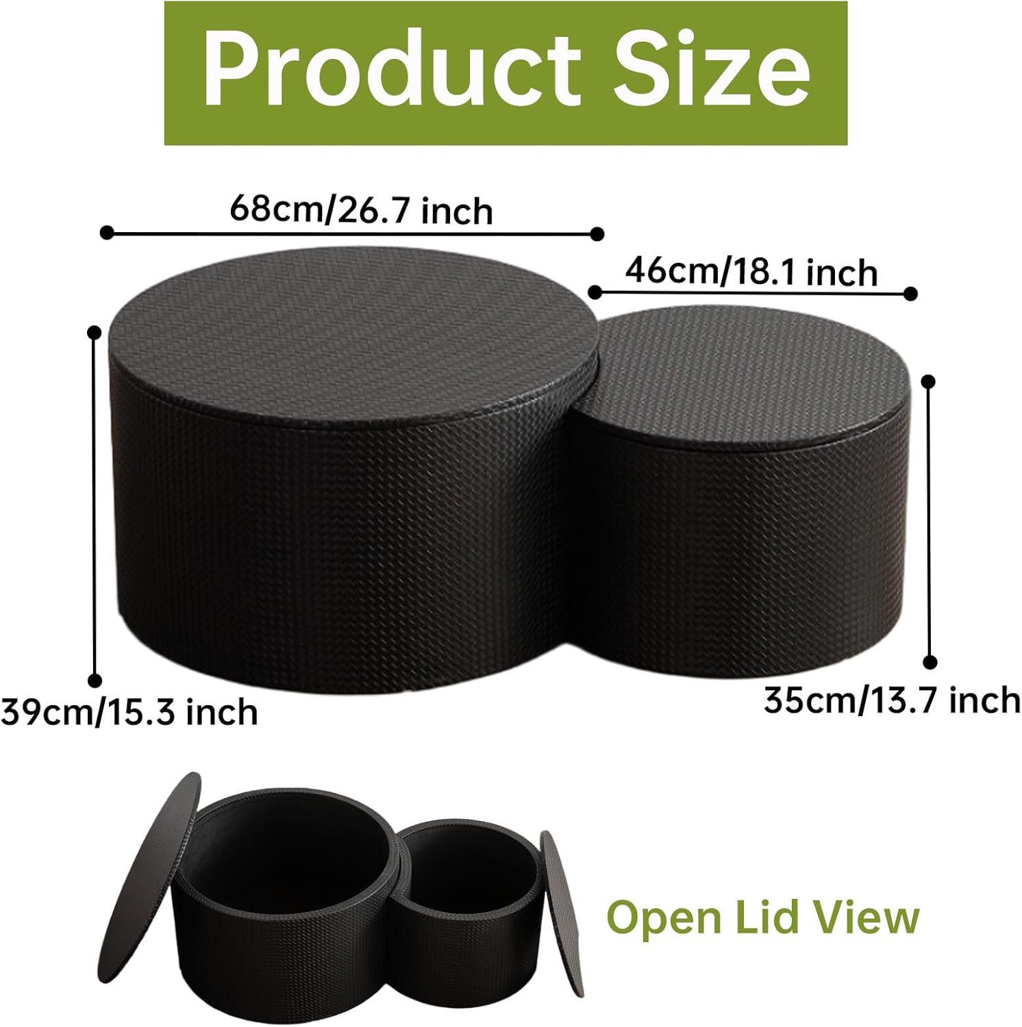 Round Coffee Tables with Storage, Round Nesting Coffee Tables Set of 2 with Storage Leather Veneered Nesting Tables Modern Crescent End Side Table for Living Room (Black)