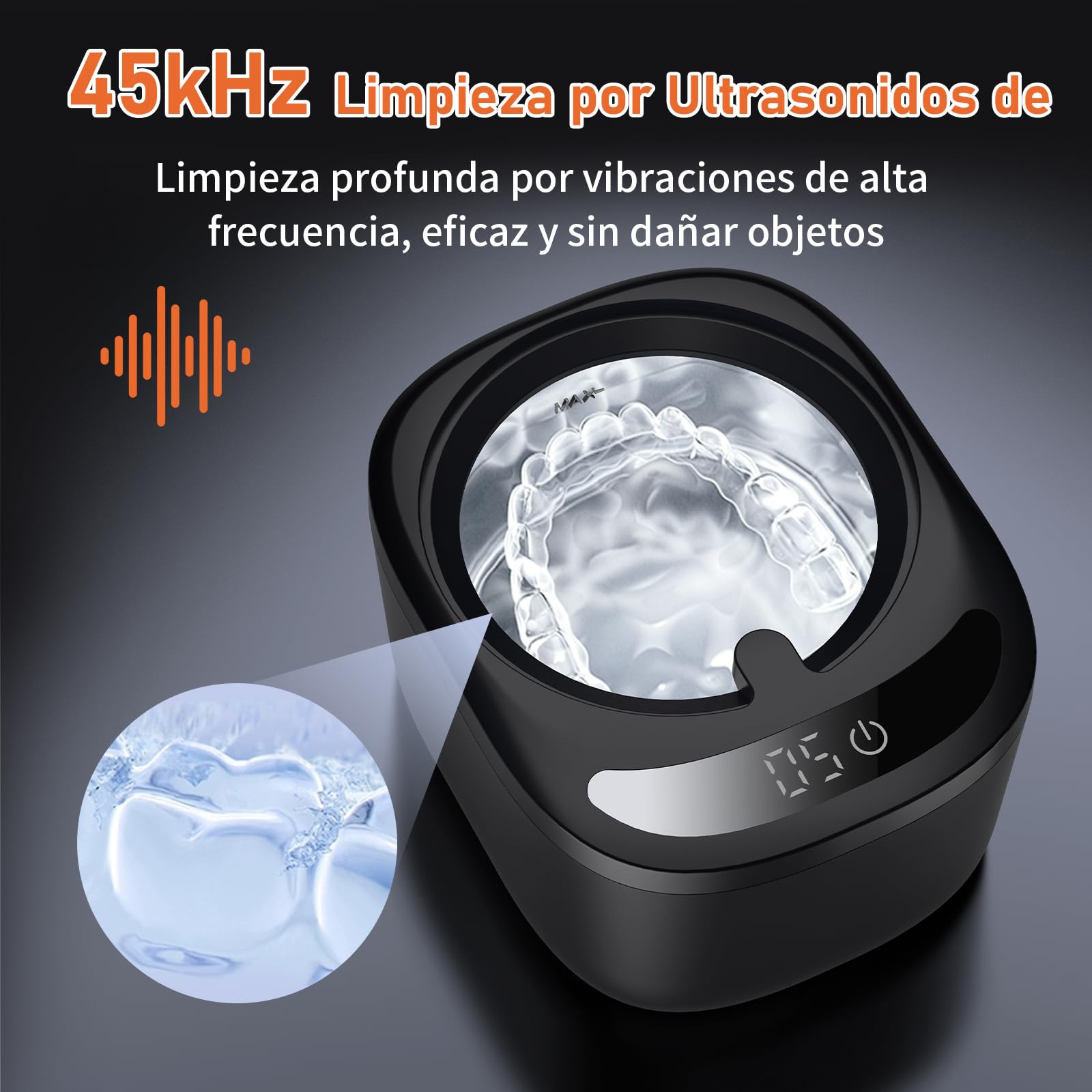 Limpiador Ultrasonidos Dental de 45000 Hz y 230 ml, Ultrasonidos Limpieza con Lámpara UV para Limpiador Ferula Dental, Retenedores, Alineadores, Prótesis Dentales y Joyas