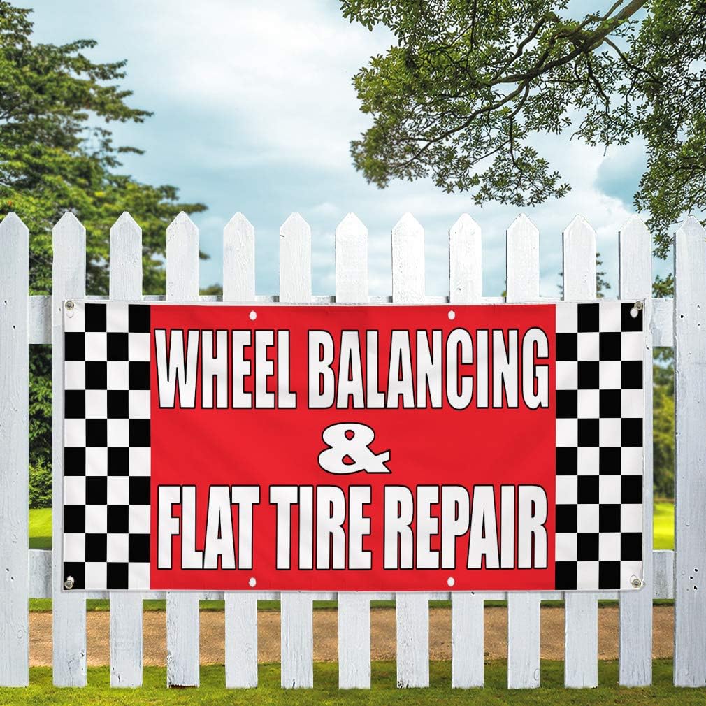Vinyl Banner Multiple Sizes Wheel Balancing & Flat Tire Repair Body Shop A Automotive Outdoor Weatherproof Industrial Yard Signs Red 6 Grommets 36x72Inches