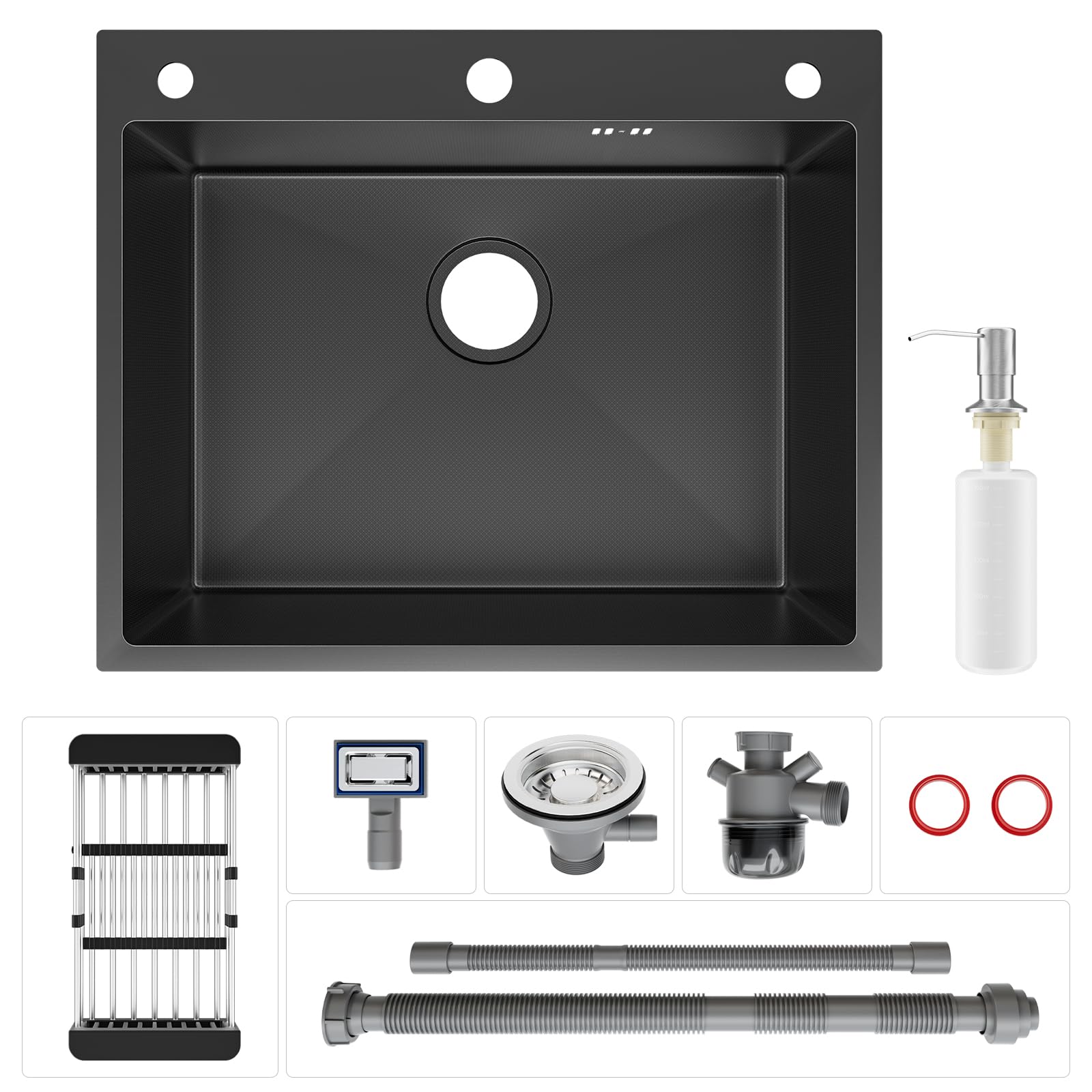 CECIPA 60x49 cm Lavello Nero 1 Vasca in Acciaio Inox, Lavandino Cucina 1 Vasca con Dispenser Sapone e Cestello, Lavello Cucina per Mobile da 60cm, da Incasso o Banco, con Sifone e Scarico