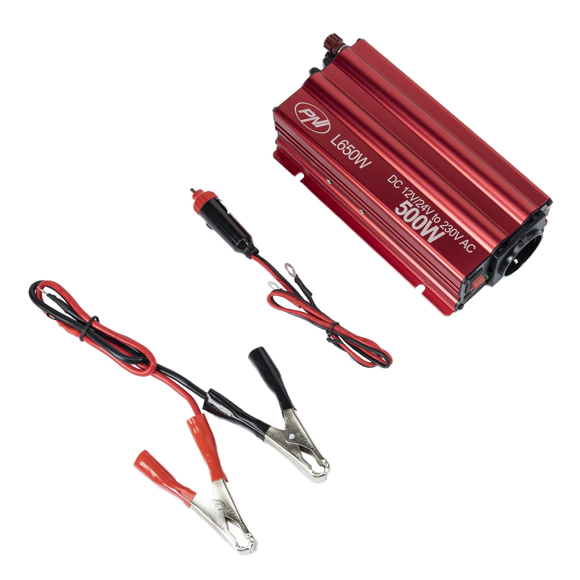 Inversor de tensión PNI L650W Doble Fuente de alimentación 12V/24V, Salida 230V, 500W, Seno Modificado, Enchufe USB 5V 500mAh, con Pinzas de alimentación y Enchufe de mechero incluidos