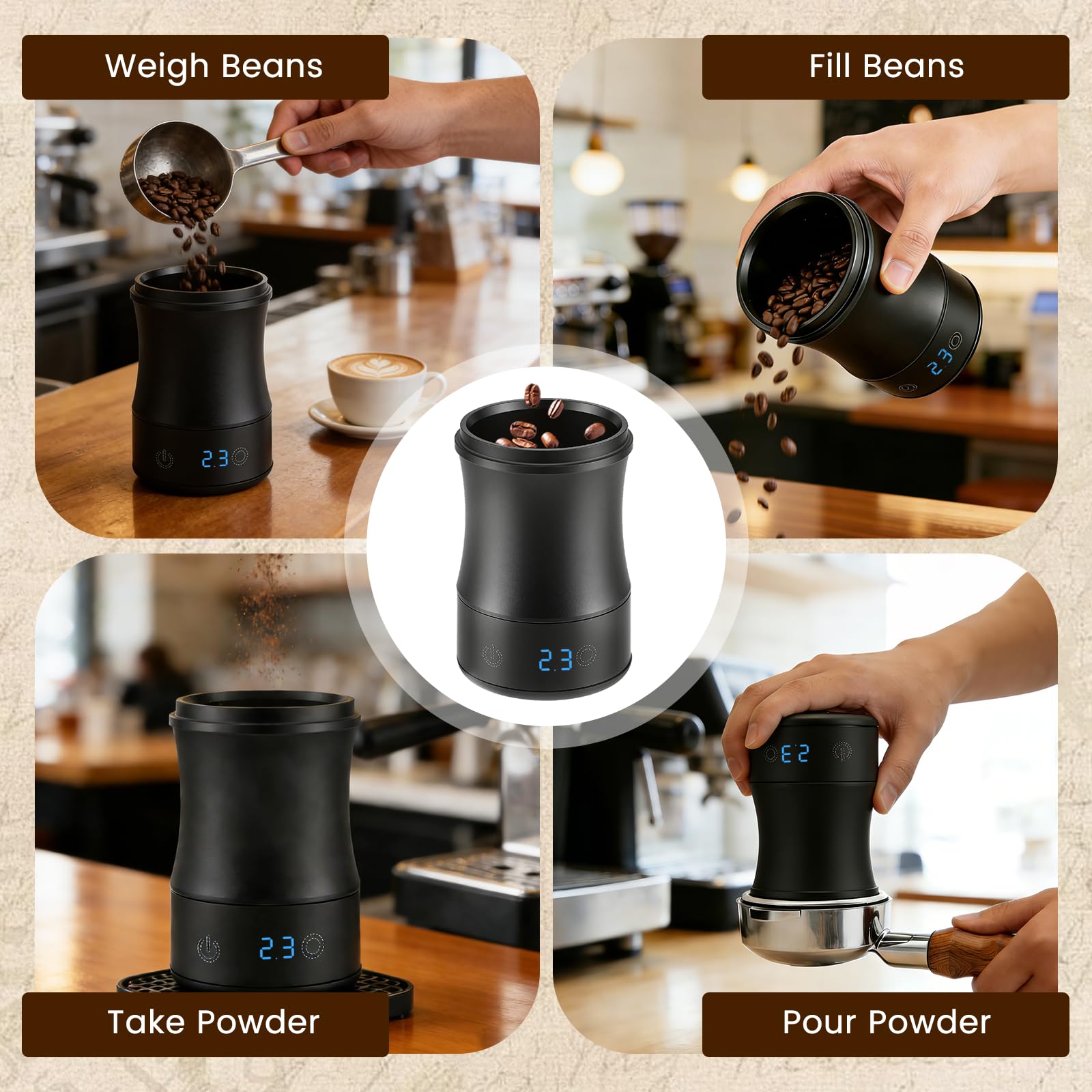 Bilancia da Caffè Espresso – Coffee Scale con Doseur 53 mm, Bilancia Digitale Ricaricabile USB‑C, Precisione 0,1 g / 500 g, Design Split, Accessorio Barista Compatto per Professionisti e Appassionati