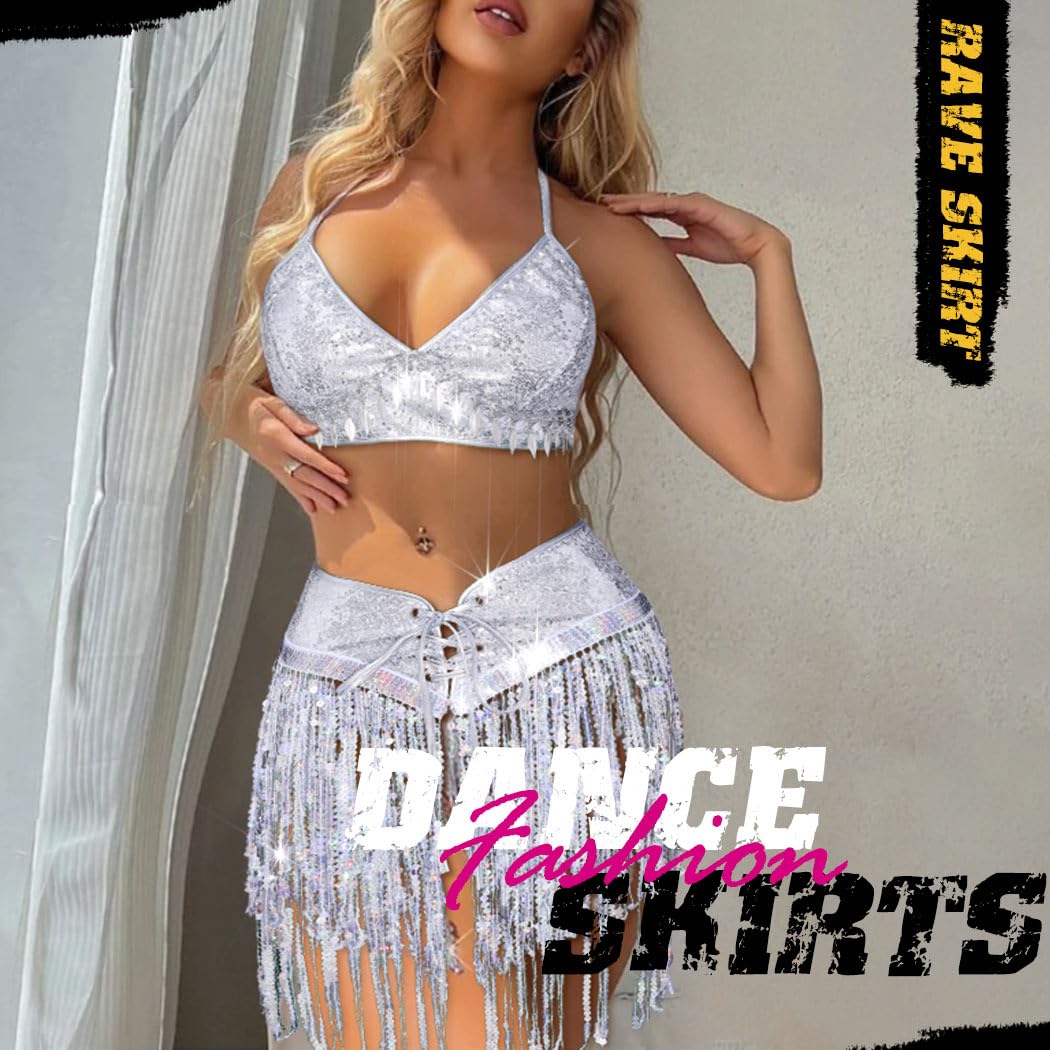 TWINKLEDE Silver Sequin Skirt and Top Sparkly Rave Fringe Outfits Set Belly Dance Costume Sets for Women