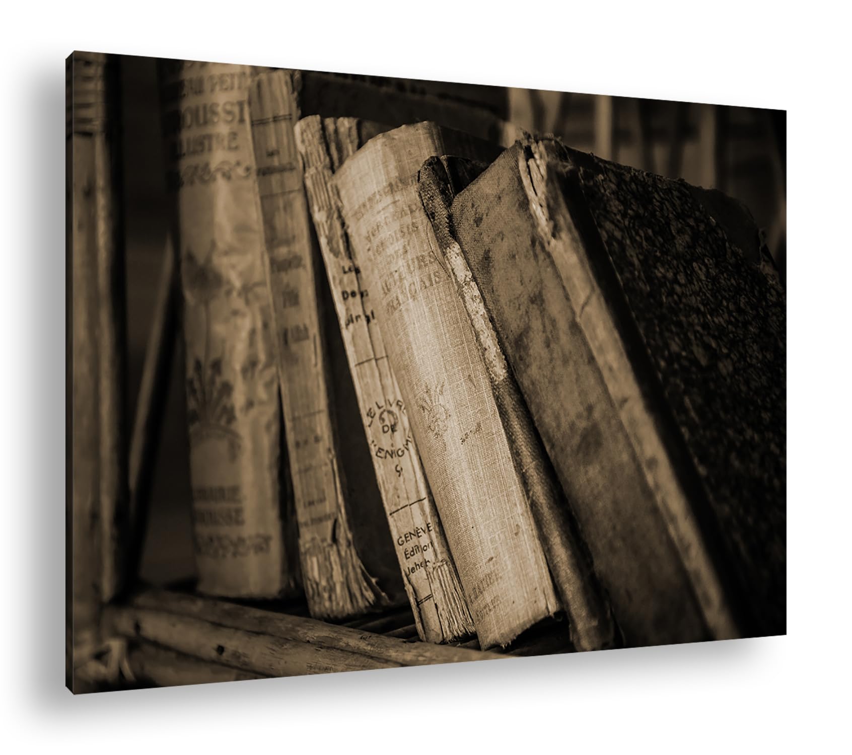 Livres anciens sur étagère tableau sépia 90x60 cm pour créer un coin bibliothèque chaleureux