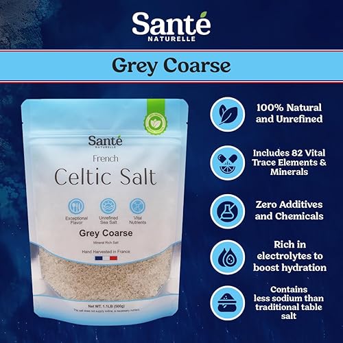 Miniatura 4 de Sante Naturelle Sal Celtic Grey Gruesa  1.1lb (18oz) Sal marina francesa sin refinar orgánica, rica en más de 82 minerales, sal 100% natural y