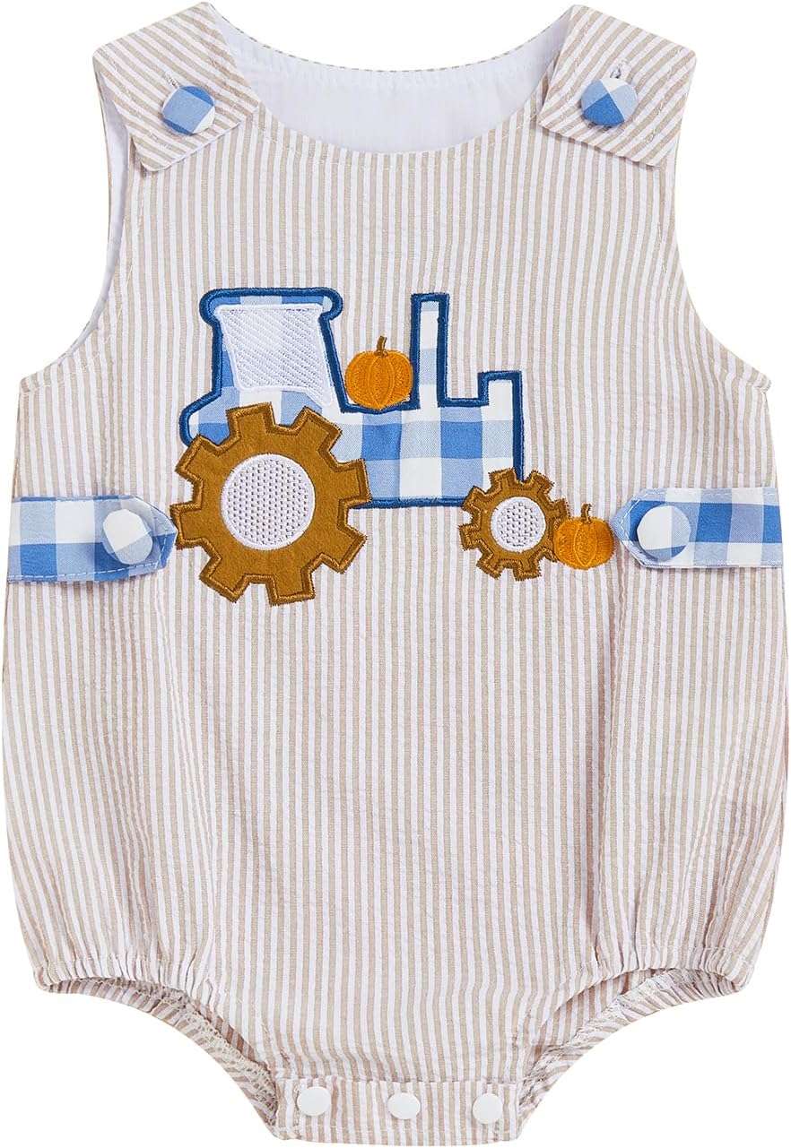 GOOCHEER Newborn Baby Boy Halloween Outfit Tractor Pumpkin Embroidery Bubble Romper Striped Sleeveless Bodysuit Clothes
