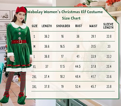 Miniatura 7 de Wabolay Disfraz de elfo para mujer, vestido de Navidad para adultos, 5 piezas, lindo traje de Navidad de elfos de Santa con sombrero, zapatos,