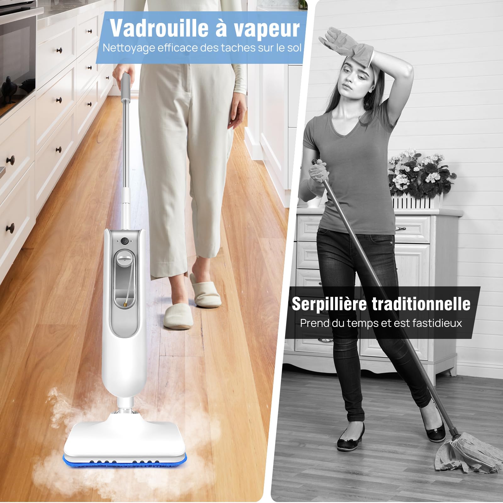 Nettoyeur vapeur 1500W - Balai vapeur avec fonction à main - Chauffage express 20s - Réservoir 400ML - Pour sols et surfaces diverses
