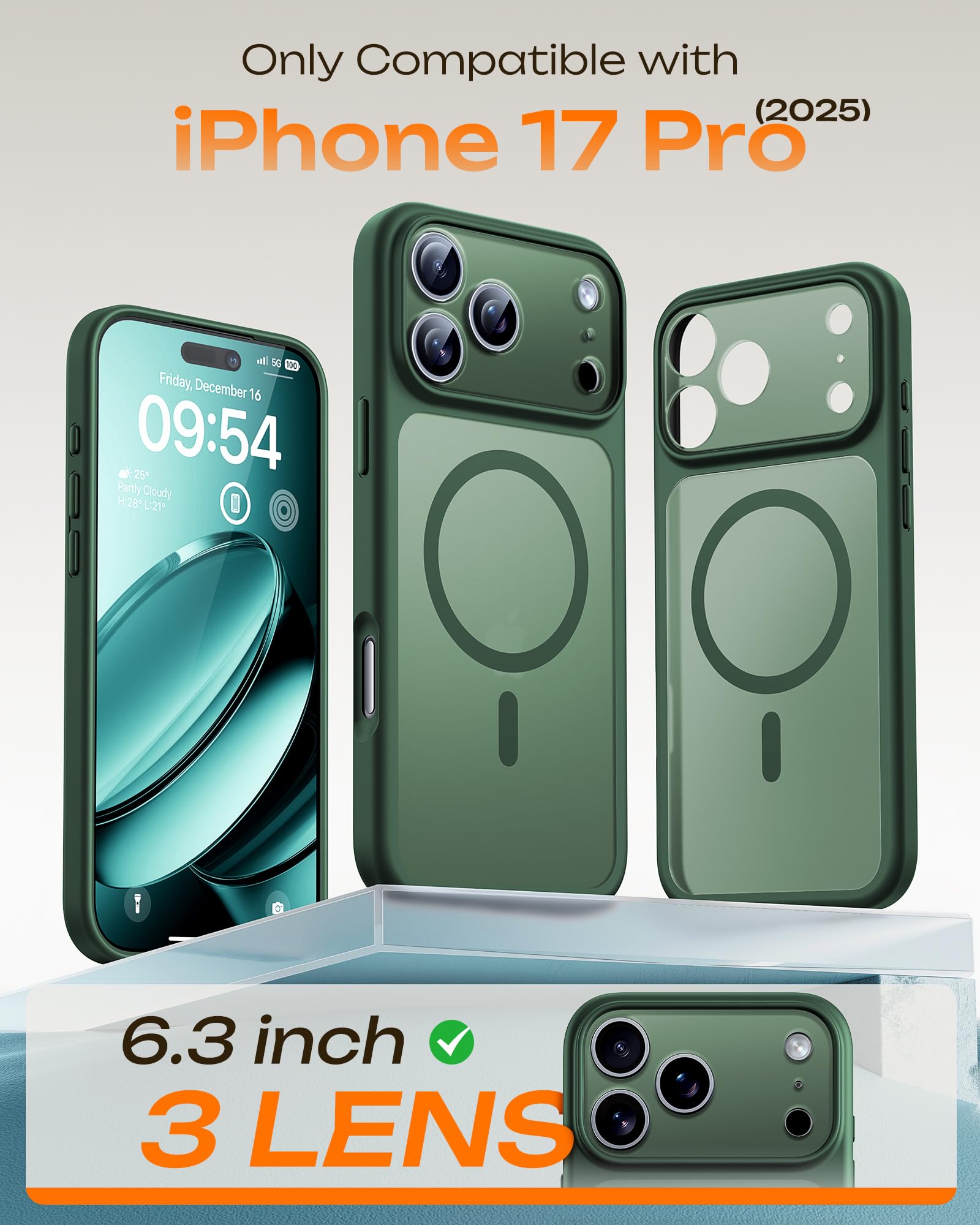 TOCOL Cover Magnetica per iPhone 17 Pro 6,3 Pollic, Compatibile con MagSafe, Anello Magnetico Incorporato, Protezione Fotocamera Integrata, Custodia Antiurto Traslucida Opaca, Verde Alpino