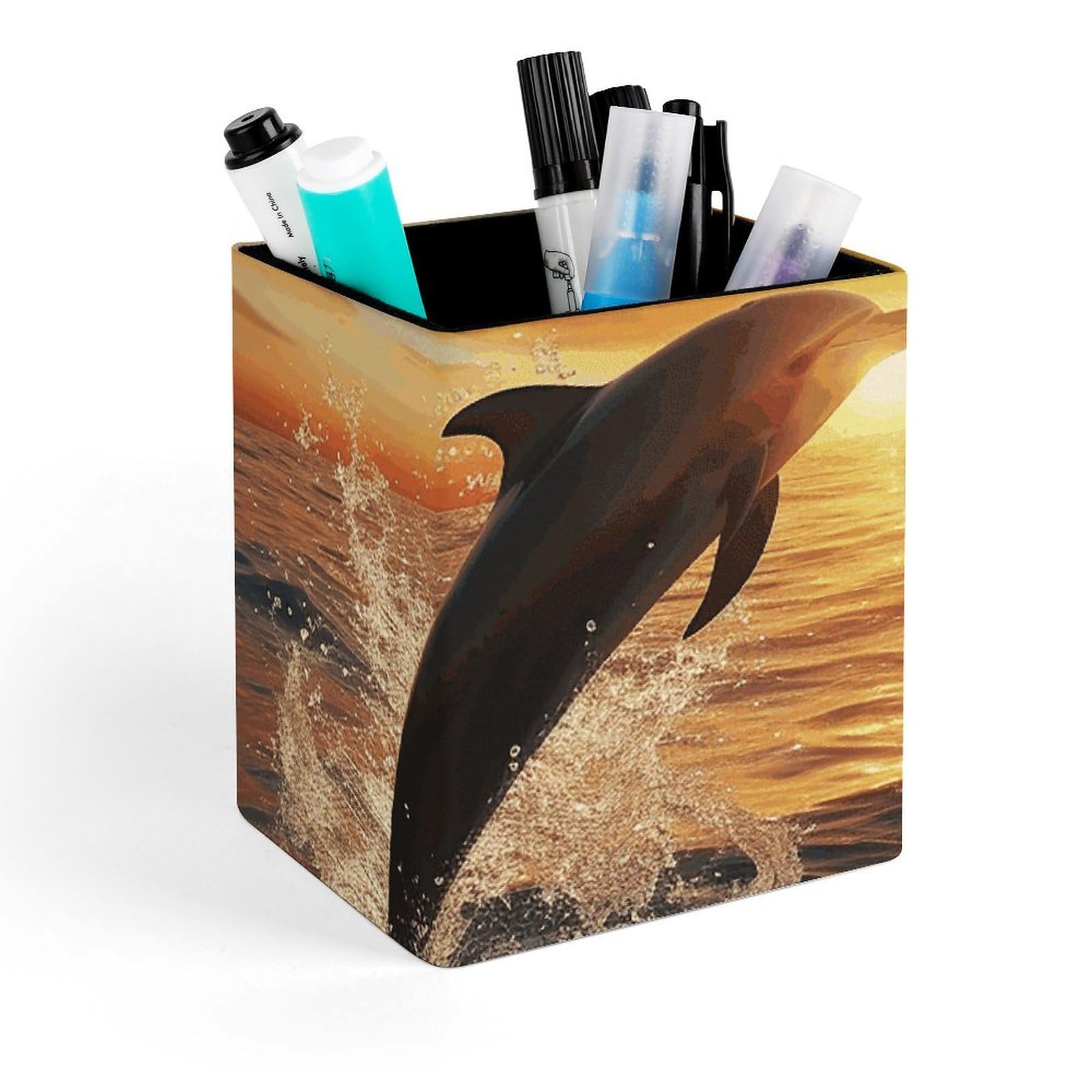 Dolphins Jumping Out of The Water at Sunset Pencil Holder Square Leather Pen Holder Cup Modern Multi-Functional Pencil Cup Holder Decorative Desk Organizer Caddy Makeup Brush Holders for Desk Office