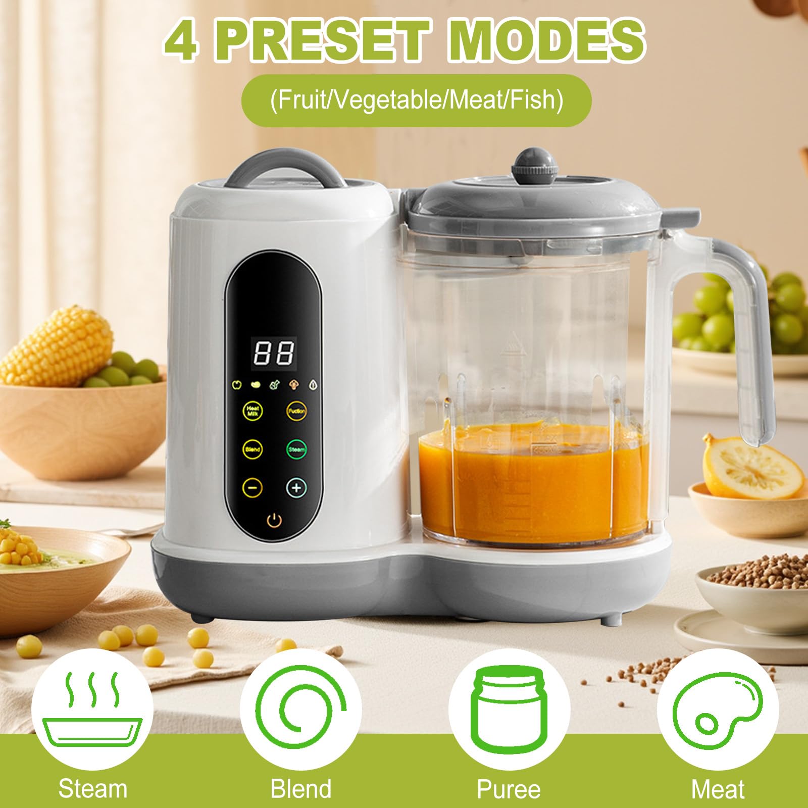 Baby Food Maker - Cuiseur vapeur pour bébé - 400 ml - Multifonction - Avec écran tactile et 4 préréglages de cuisson - Cuiseur vapeur automatique