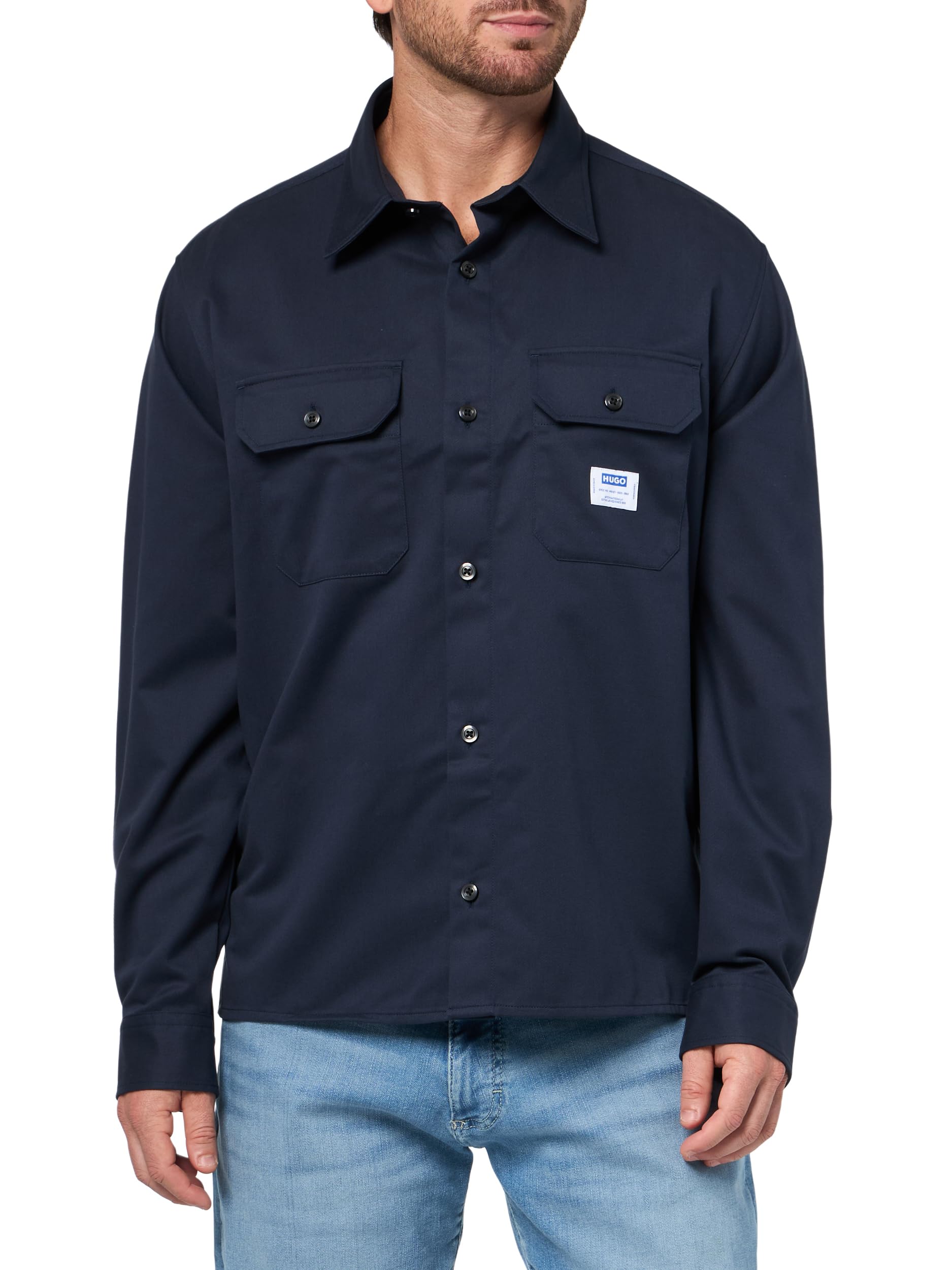 Hugo Men's Cotton Twill Woven Patch Overshirt, Navy Shadow, XL