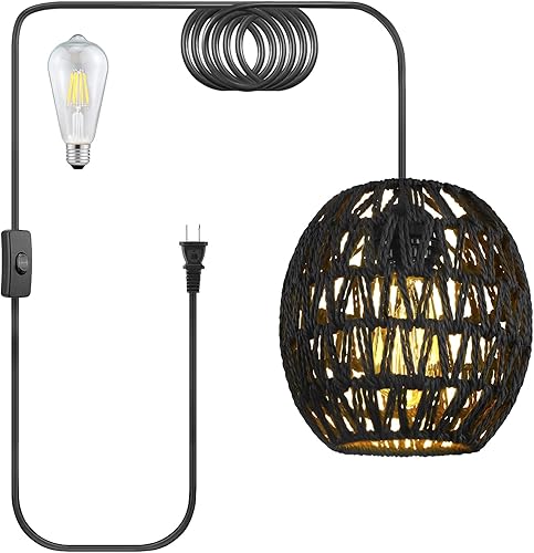 Miniatura 9 de Lámpara colgante enchufable, cable de cuerda de cáñamo de 15 pies, luces colgantes con cable de enchufe, lámpara colgante de ratán regulable,