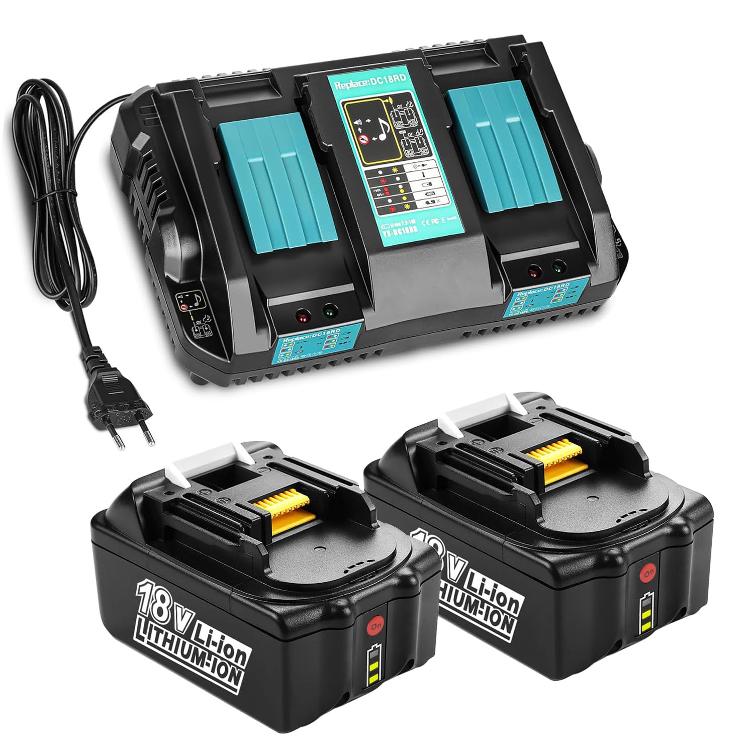 2 sztuki zapasowych akumulatorów do Makita 18 V z ładowarką, kompatybilny z BL1860B BL1850B BL1850 BL1840 BL1830, do podwójnej ładowarki DC18RD DC18SF, pasuje do DUC353 DUC254Z DUC302Z