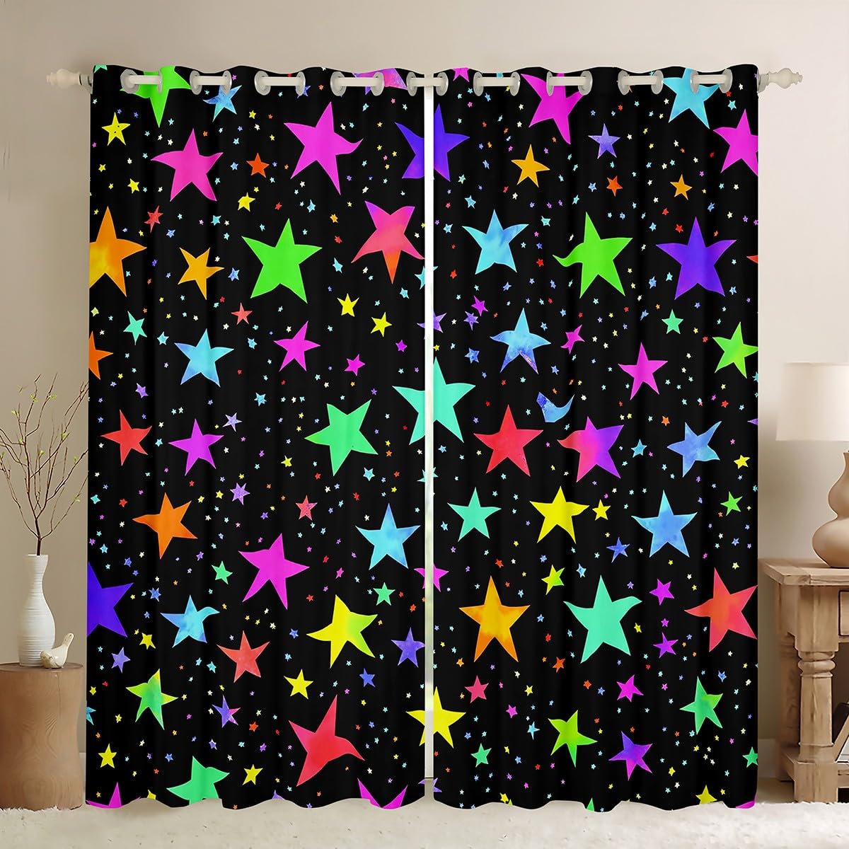 Kawaii Glitter Stars Rainbow Glowing Star Blackout Curtains - Psychedelic Space Cosmos Drapes & Curtains, 104Wx63L, Colorful Neon Light Stars, Girls &