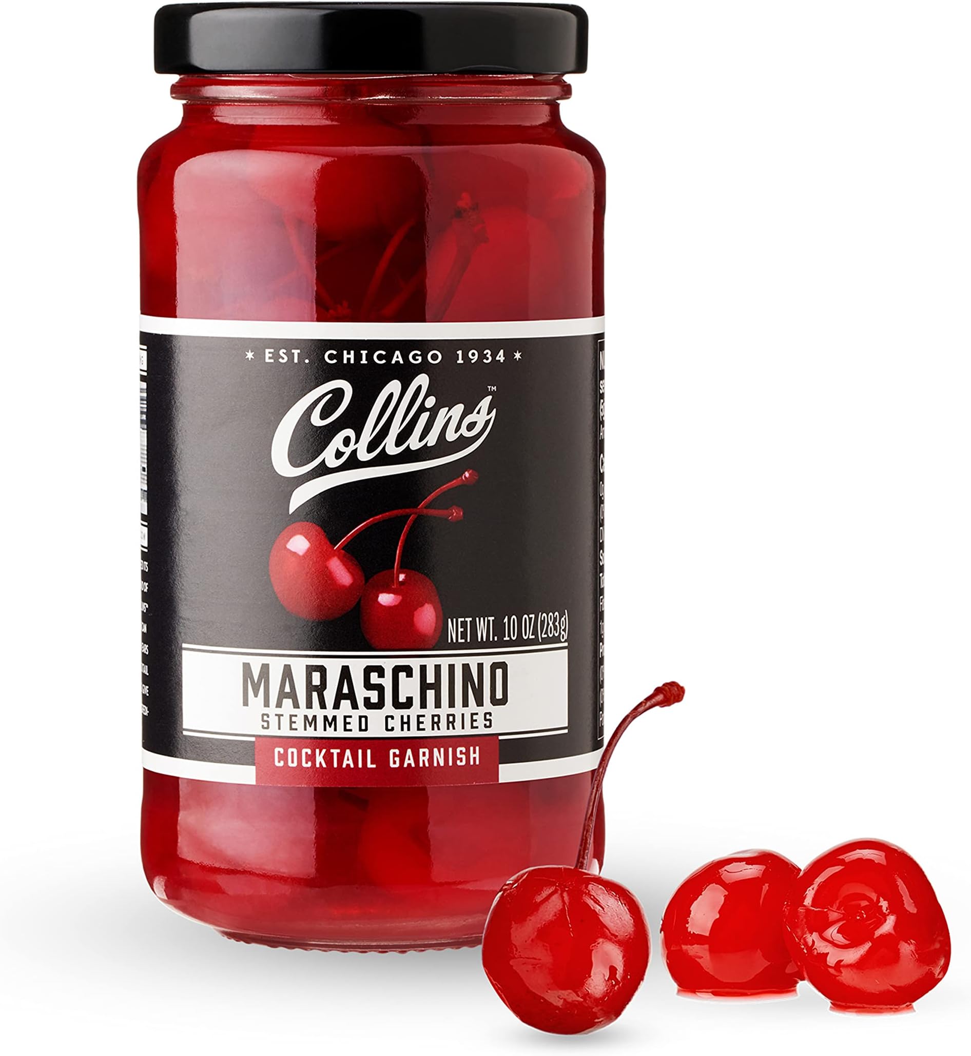 Collins Stemmed Maraschino Cocktail Cherries - Royal Anne Cherries Garnish for Cocktails, Manhattan and Old Fashioned Mix, 10oz