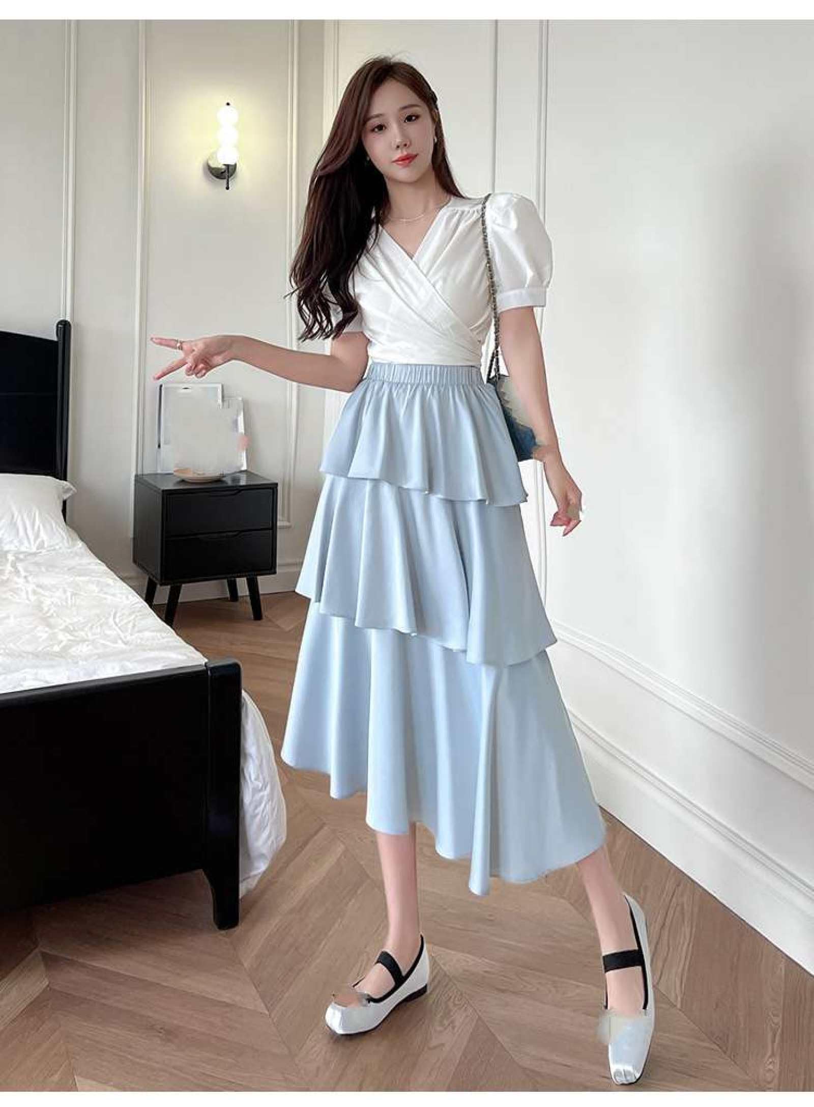 Jupe De Gâteau en Satin De Fibre De Vinaigre Taille Haute pour Femme - Jupe Mi-Longue Taille Élastique De Couleur Unie Polyvalente D'Été Petite Jupe À Volants Irréguliers Jupe Longue Lig