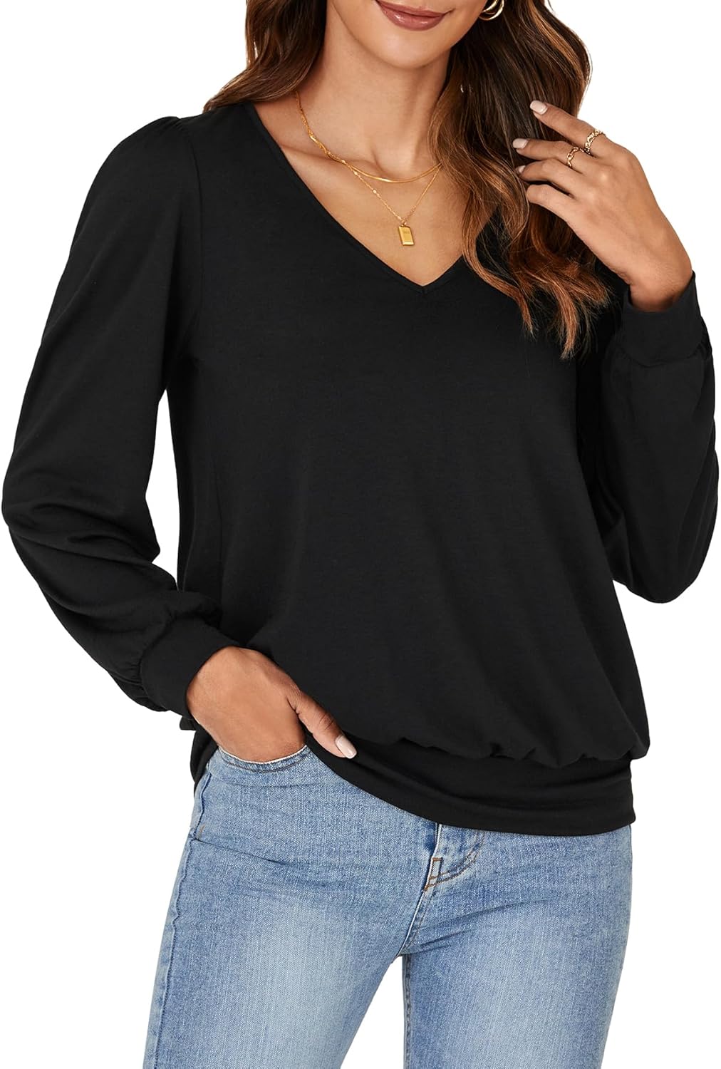 Vrtige Women's Casual Banded Bottom V Neck Puff Long Sleeve Tunic Top Blouse Shirt - Image 4