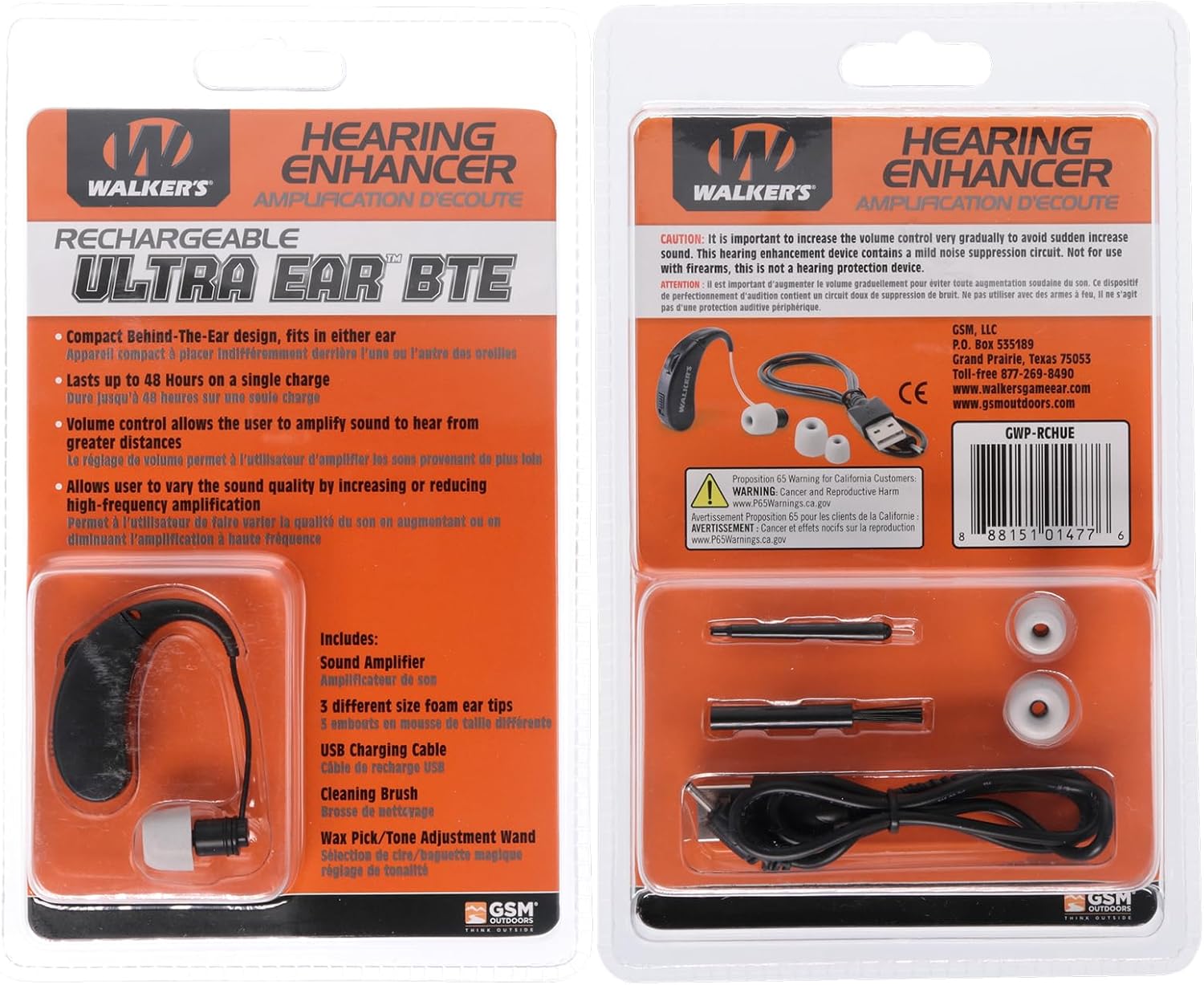 Walker's Ultra Ear BTE Rechargeable Compact Adjustable 22dB Noise Reduction Hunting Outdoor Sound Amplifier Hearing Enhancer | Ear Tips, USB Charging Cable, Cleaning Brush - 2 Pack