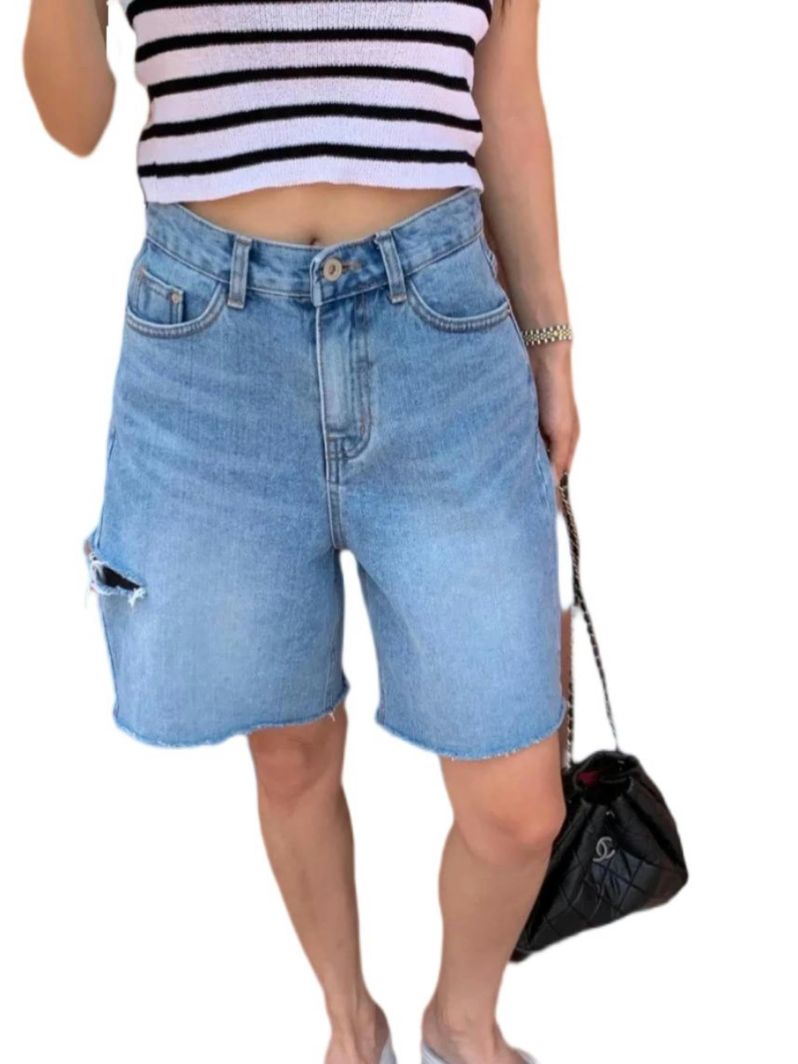 Short en jean d'été pour femme taille haute délavé bleu taille L