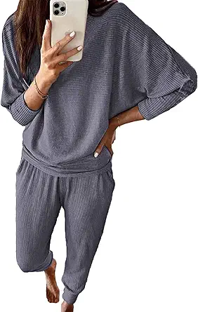 PRETTYGARDEN Women's Fall 2 Piece Lounge Set Long Sleeve Tops Ribbed Pants Spring Matching Sweatsuit Travel Outfits Clothes