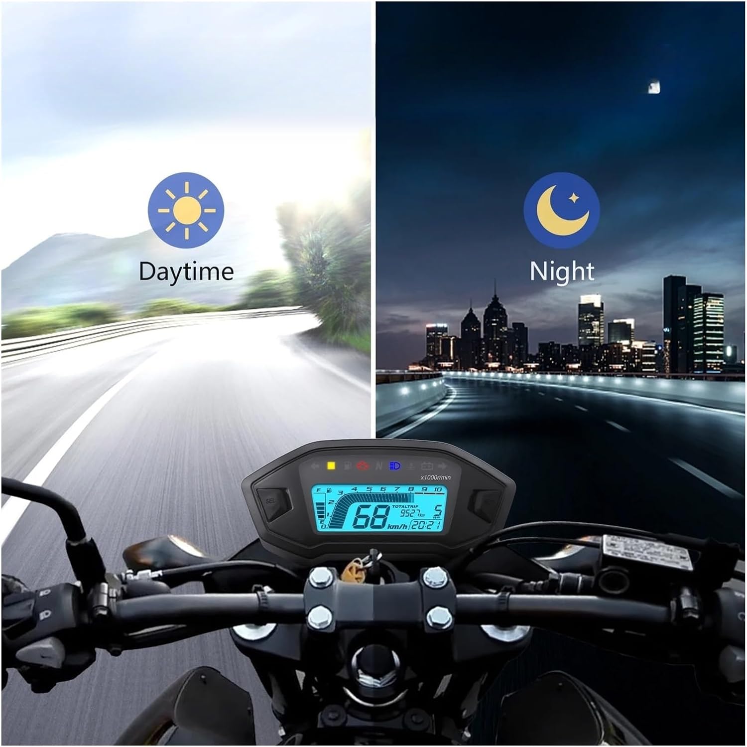 Motorcycle Speedometer Gauge Motorcycle Tachometer Universal Moto Dashboard Backlight Adjust Fuel Gauge Odometer Digital for 1 2 4 Cylinder Indicator