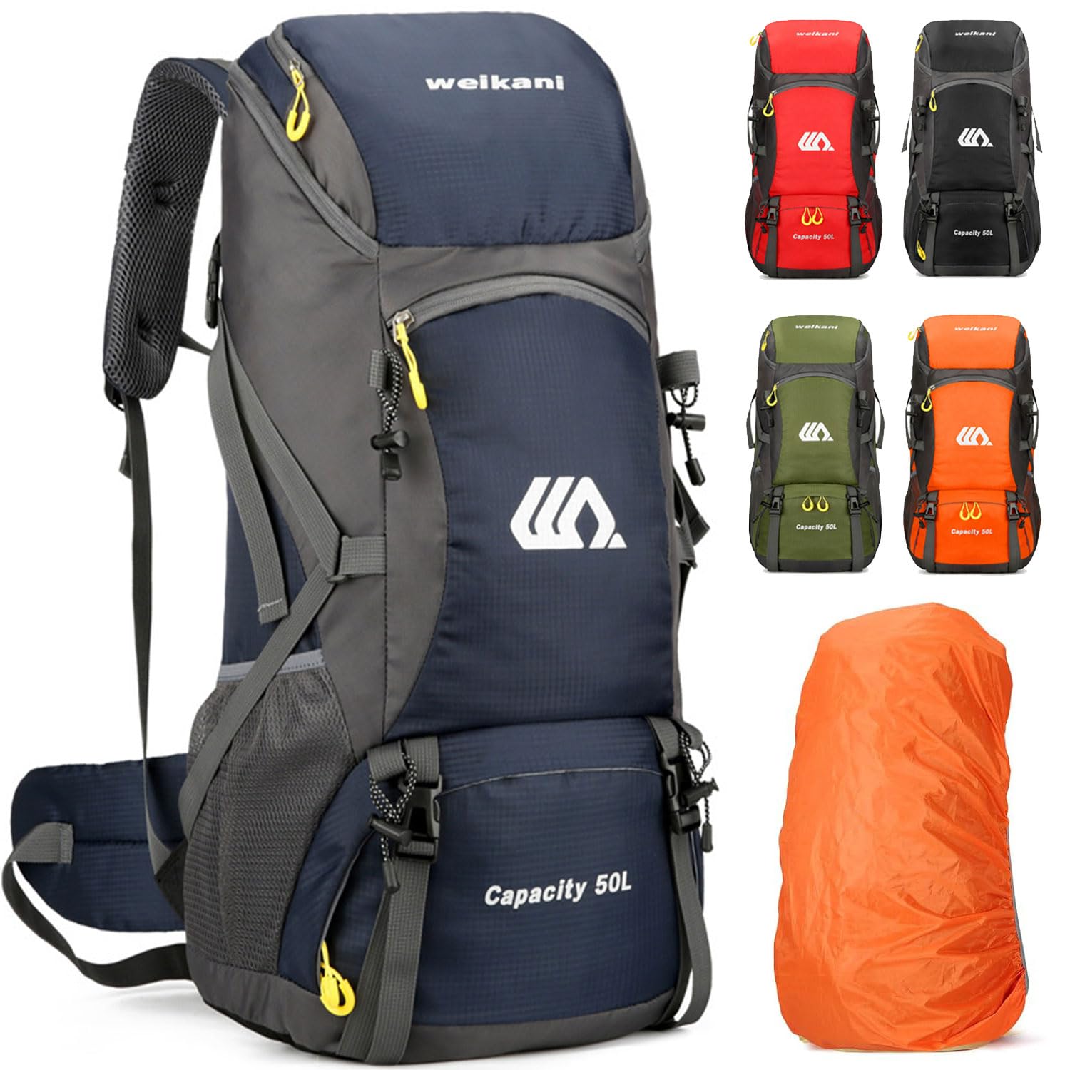 Kugooyi 50L Hiking Backpack with Rain Cover Waterproof Lightweight Camping Daypack Walking Rucksack Outdoor Sports Trekking Climbing Skiing Travel Bag (Blue)