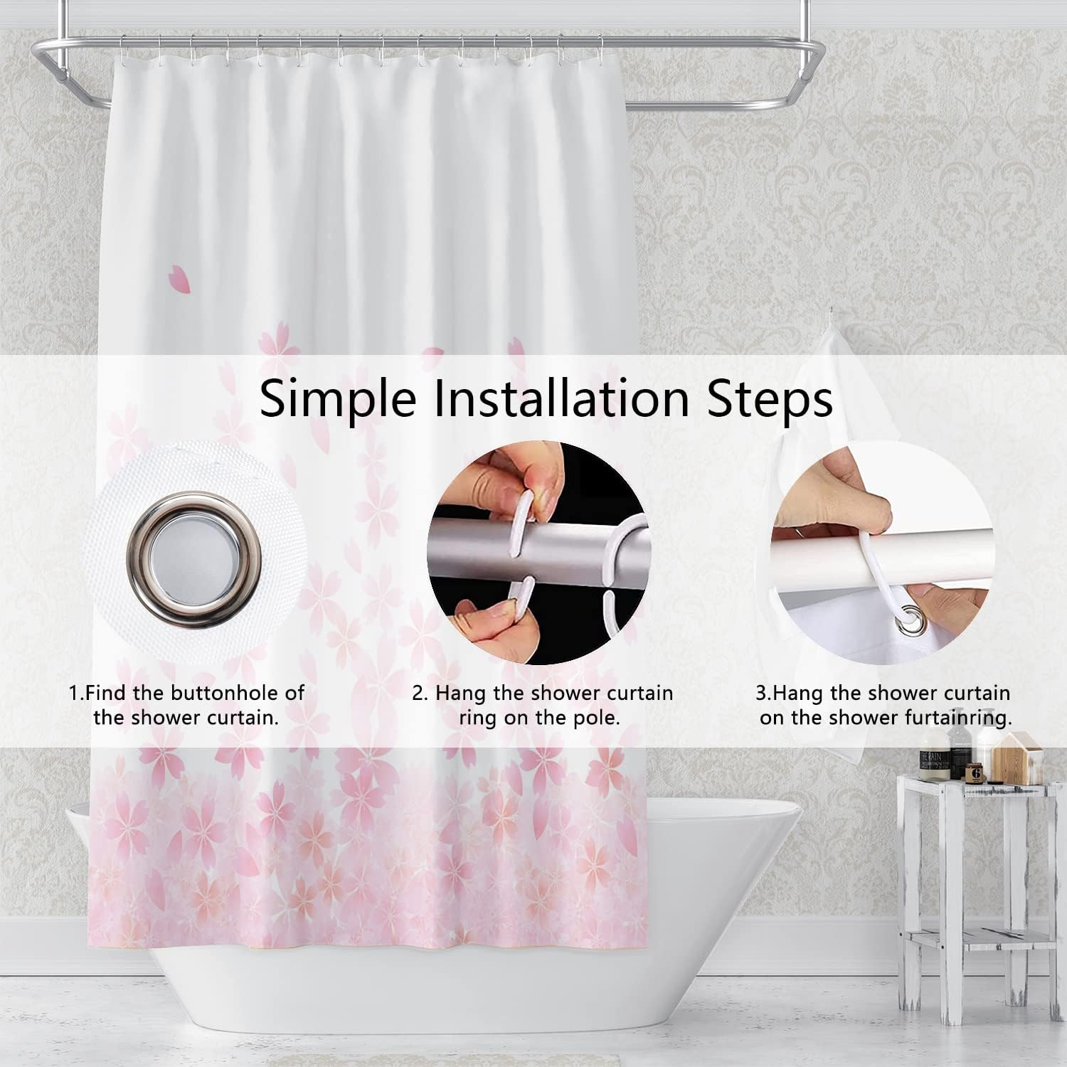 Pink Floral Bathroom Shower Curtain Cherry Blossom Dreamy Flowers Petal Shower Curtain with Hooks Polyester Waterproof Fabric Girly Home Decorative Bathtub, 72x96 Inch