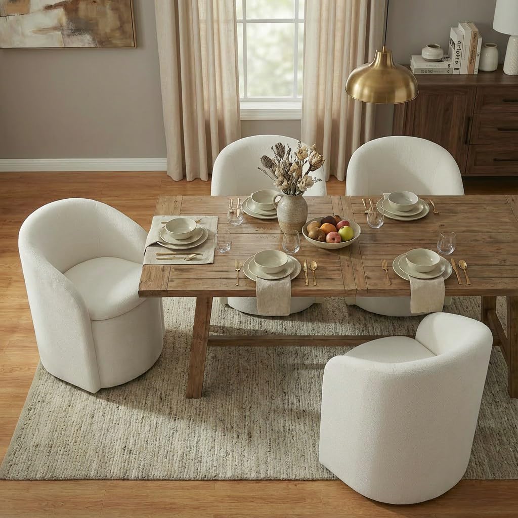 Upholstered Dining Chairs with Casters, No Assembly Rolling Modern Dining Room Chairs with Hidden Storage & Barrel Backrest, Accent Chair for Bedroom, Living Room, Dressing, Linen, Set of 4
