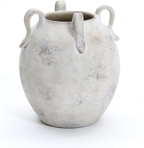LuxenHome 11-Inch Gray and White Terracotta Vaes with Handles | Ceramic Round Vase Multi Farmhouse Decor, Pottery Vase Living Room Decor, Large Waterpoof Vases Home Decor