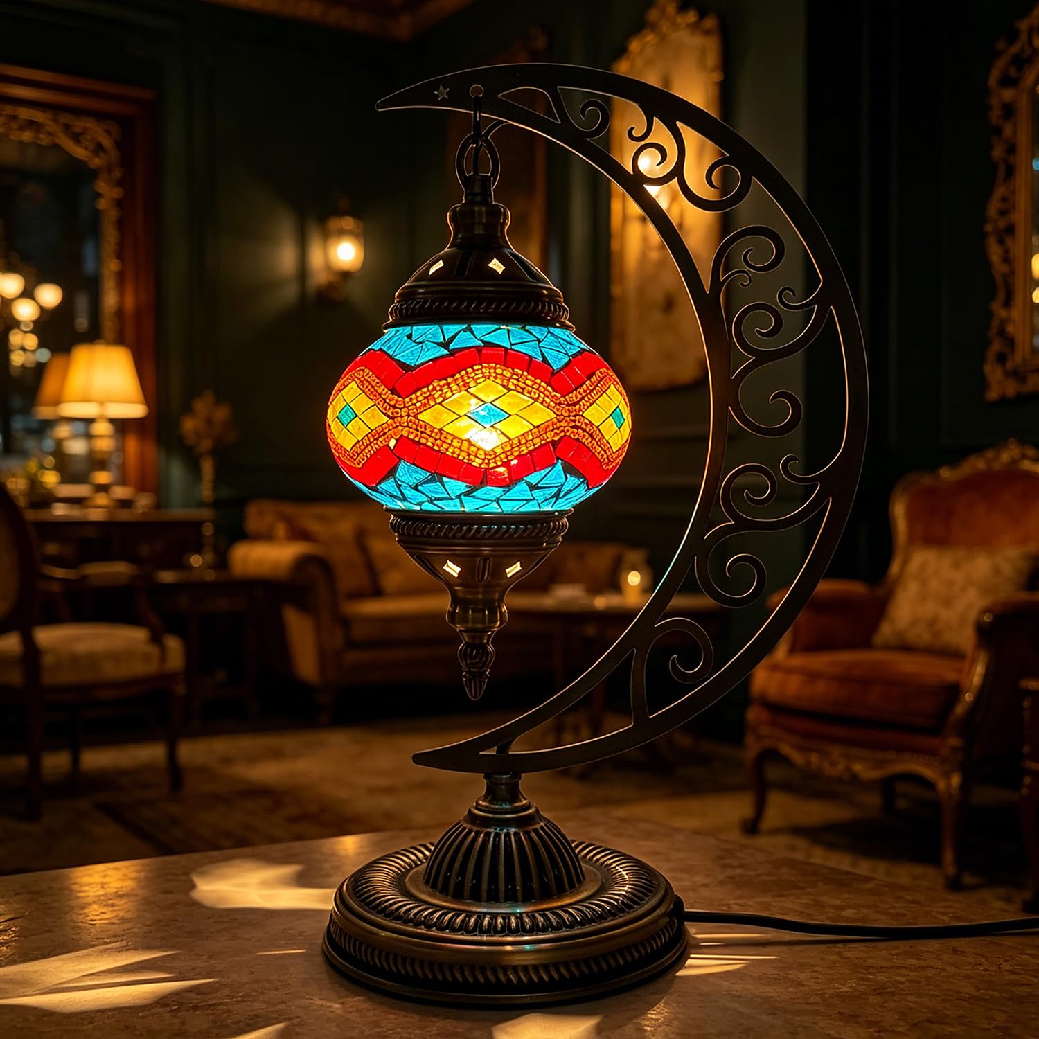 shulovehua Turkish Mosaic Moon Lamp Mosaic Stained Glass Table Lamp with Bronze Base USB Powered Turkish Bohemian Moroccan Bedside Lamps for Kids Room Boutique Christmas Decor(W 6.3in x H 15.35in) — image 1