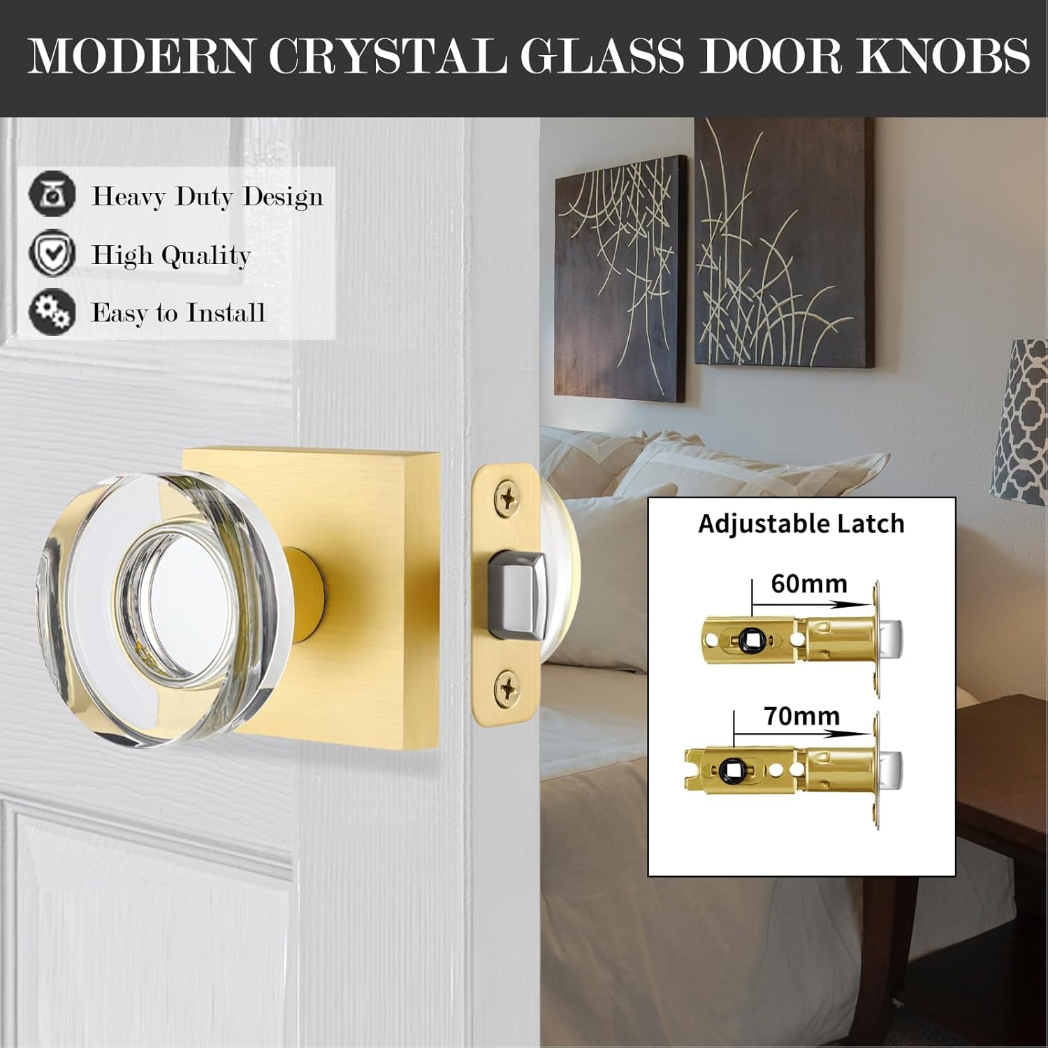 Passage Crystal Door Knobs Interior Glass Door Knob for Closet and Hallway, Brushed Gold Square Door Knobs, Modern Satin Brass Door Handles