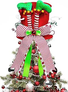 KAHEIGN Christmas Tree Topper, 25CM Large Red Xmas Tree Top Hat with Elf Legs and Striped Bow Ribbon for Home Christmas Holiday Winter Party Decor Desktop Ornaments