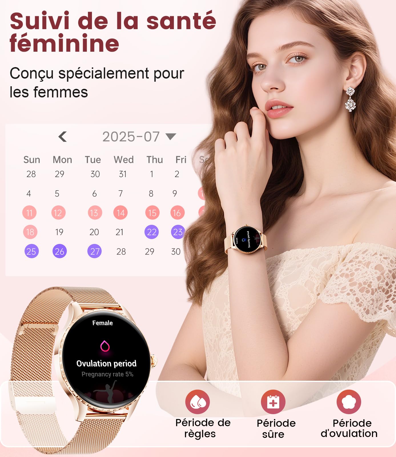 Montre Connectée Femme avec Appel Bluetooth, 1,32"Amoled Display, IP68 Étanche Smartwatch, 2 Sangles/100+ Modes Sportifs pour Android iOS, Fréquence Cardiaque/Sommeil/Fonction Féminine, Or Rose