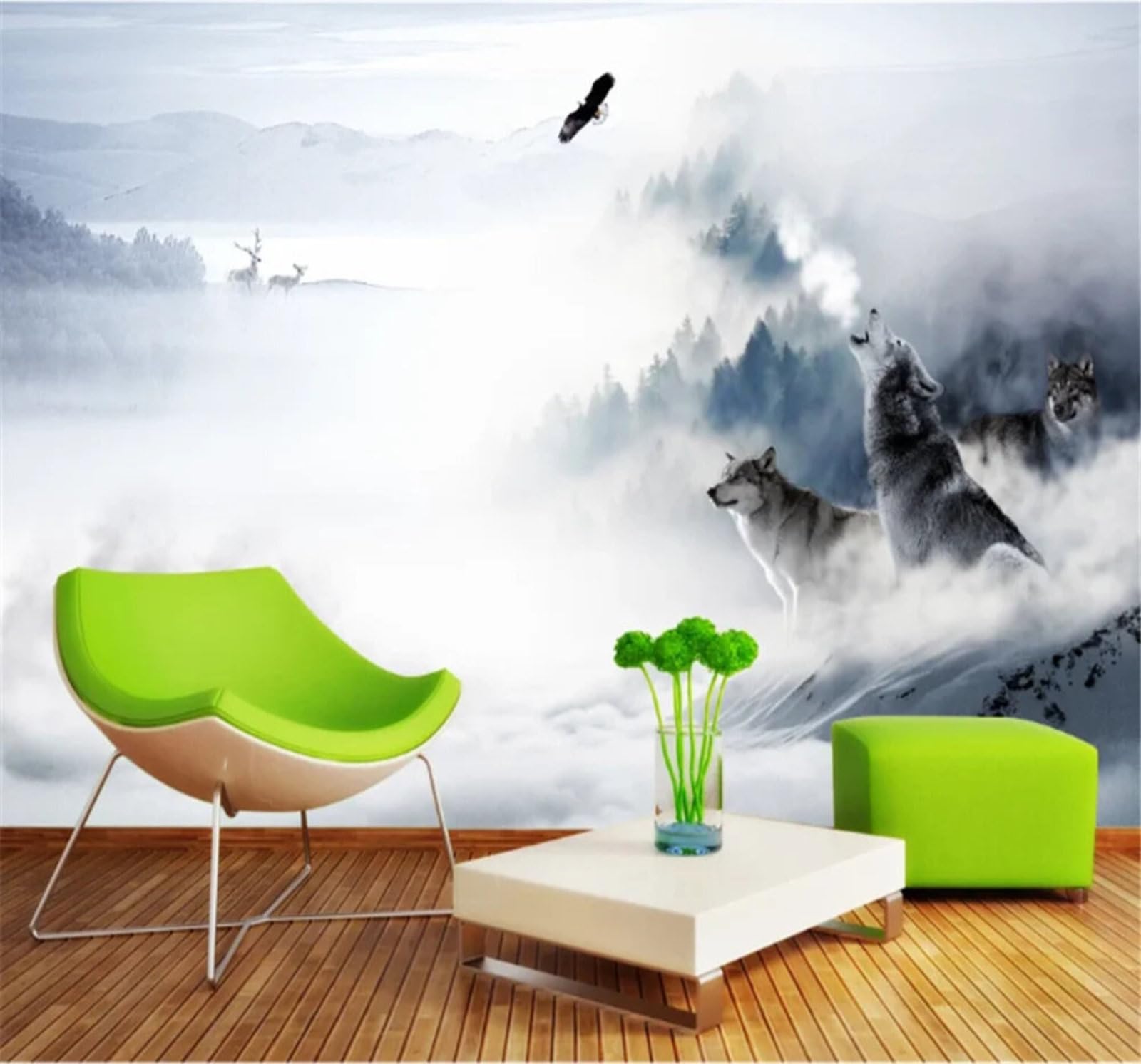 Tzxztt Beautiful Forest Snow Capped Mountains Reindeer Wolf Modern 3D Wallpaper Premium Textured Silk Neutral Tones Material Ideal for Living Room Bedroom-430cm×300cm