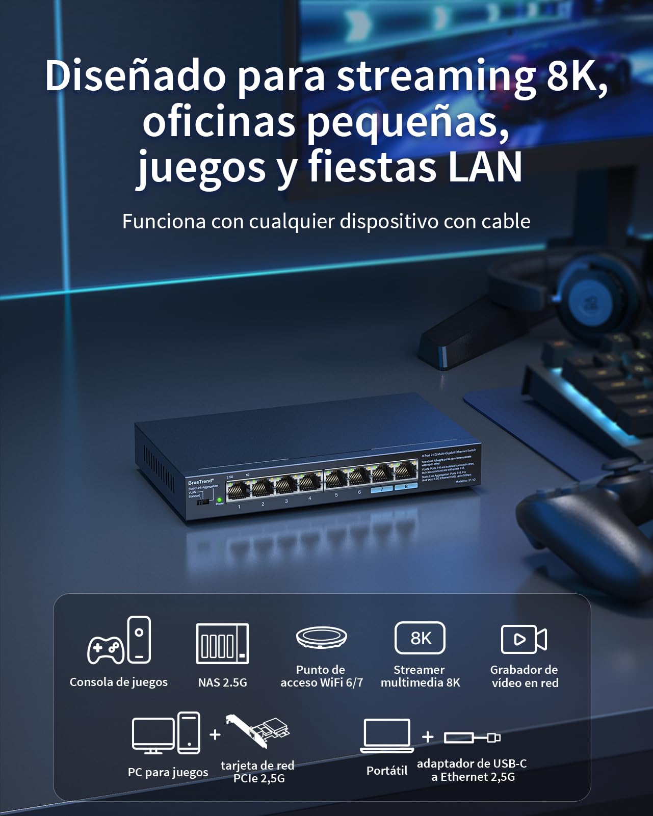 BrosTrend Switch Ethernet 2.5Gb 8 Puertos, Soporta Static Link Aggregation & VLAN, Hub Ethernet Switch RJ45 para Gaming PC NAS, Plug and Play, Hub Red no Gestionado sin Ventilador, Vida ÚTI Protección