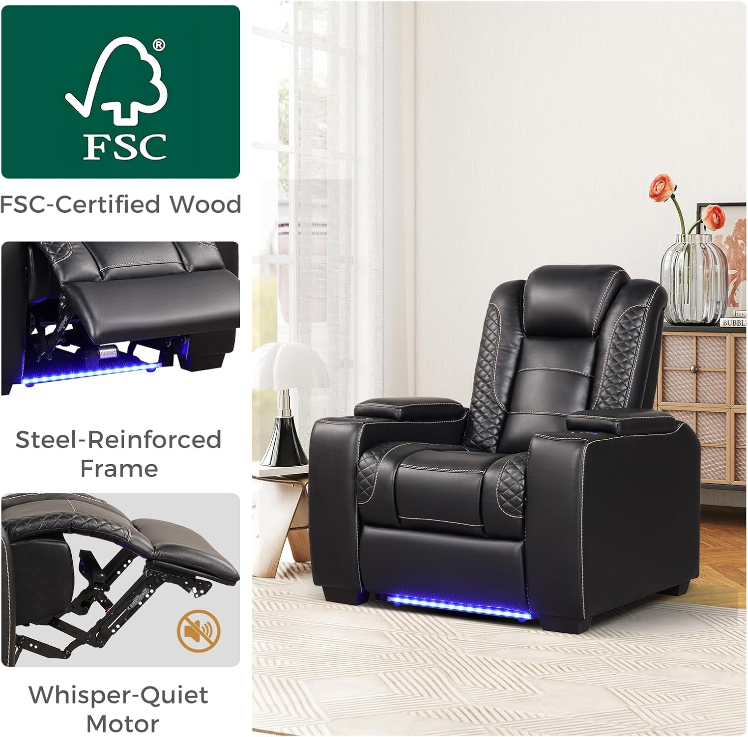 ANJ Power Home Theater Seating Set of 2, PU Leather Electric Recliner Chair with Powered Headrest, Dual Motors Movie Reclining Chairs with LED Lights,USB Port, Cup Holders, Hidden Arm Storage (Black) 2 Black image 4 of 9 B0D3TWJXJ6