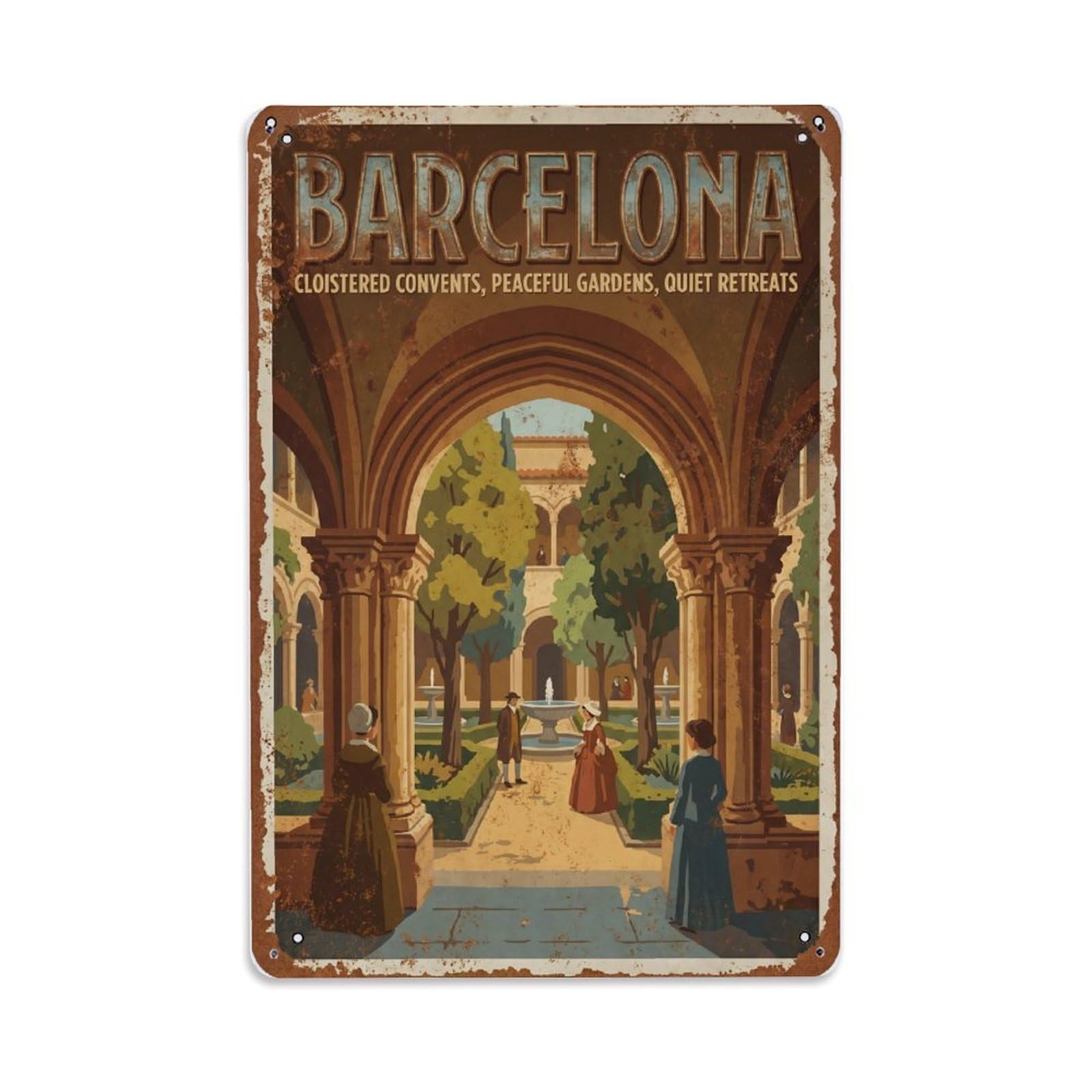 Fqnyr Style Vintage Travel Convents Spain Cloistered Metal Tin Sign Plaque Wall Decor For Cafe, Club Bar, Office, Home Garden Metal Poster 8X12inch