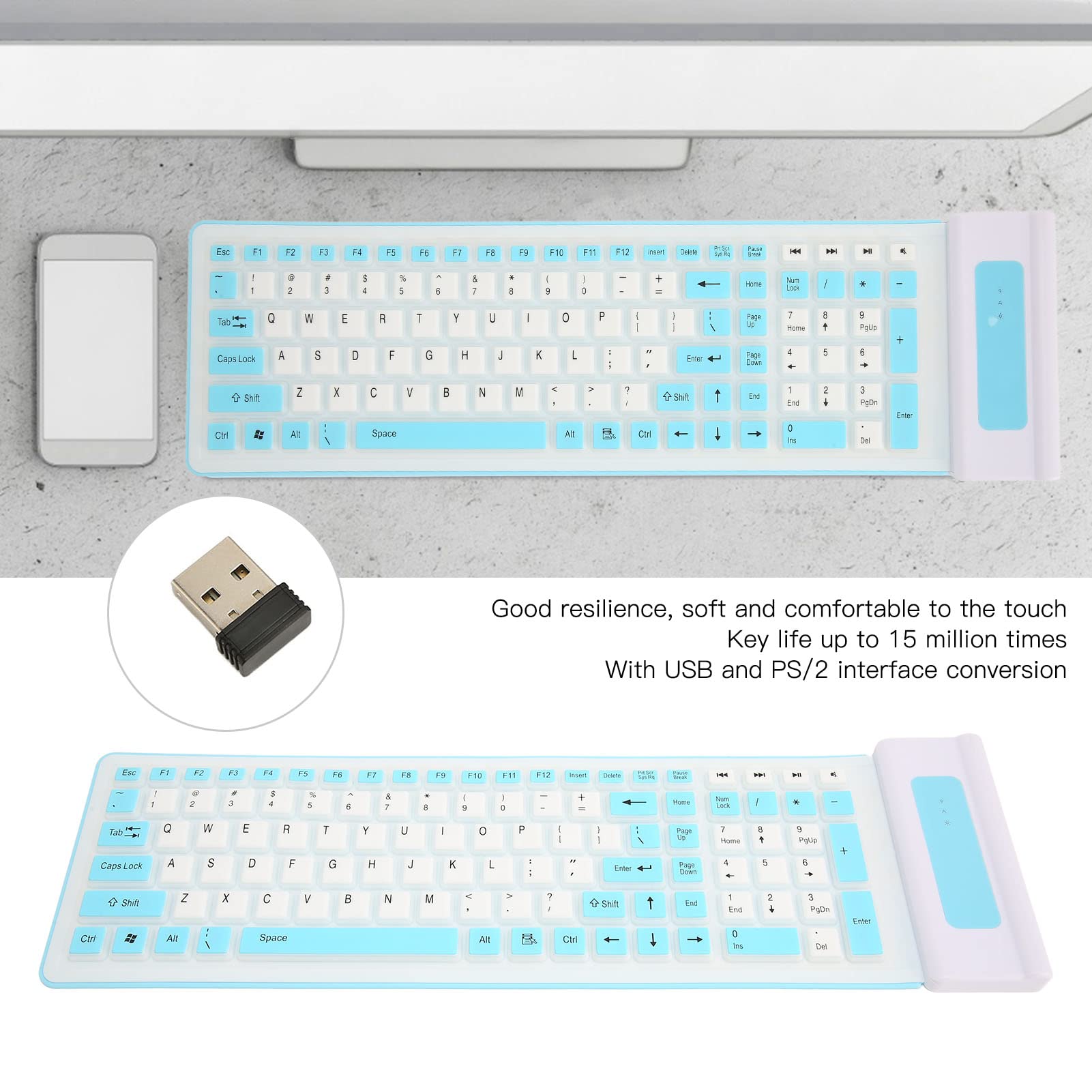 Focket Tastiera in Silicone, 2.4G USB Wireless Keyboard Tastiera Pieghevole Rollup Keyboard Tastiera Portatile Impermeabile, 103 Tasti Tastiera Flessibile Tastiere del Computer per PC (Blu)