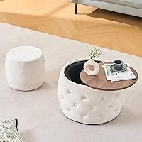 Vista 13 de Furniliving Juego de 2 otomanas de almacenamiento, otomanas redondas de lino de lujo con bandeja de madera, mesa de centro estética con taburete