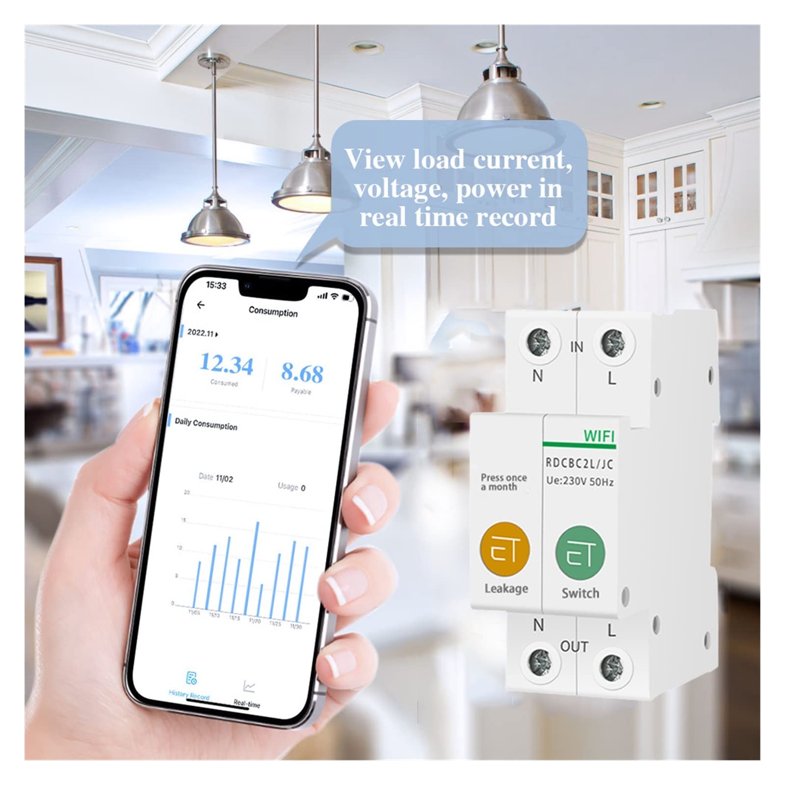 Medidor De Consumo Electrico, Relé de voltaje disyuntor inteligente con medidor de energía 1/2P protección contra fugas for interruptor de Control remoto de hogar inteligente , Fácil de instalar(2P,16