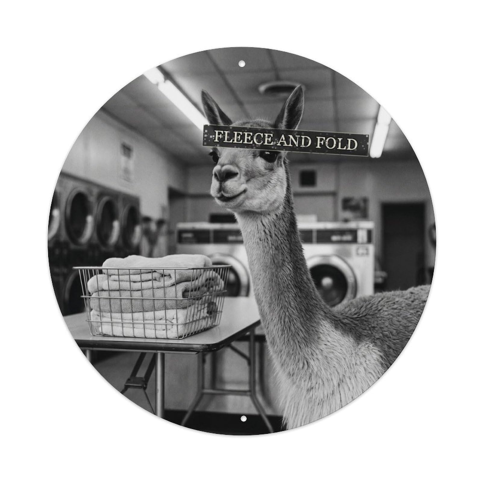 Animal Vicuna Laundromat Folding Table Absurd Wildlife British Metal Tin Sign Plaque Wall Decor for Cafe, Man Cave, Club Bar, Office, Home Garden Round Metal Poster 8x8Inch