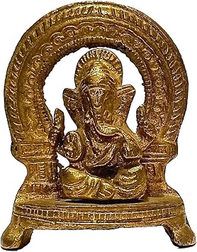 athizay Small Brass Ganesha Darbar Brass Statue Shiny Gold Finish Hindu god Idol 6.7 CM Tall murti