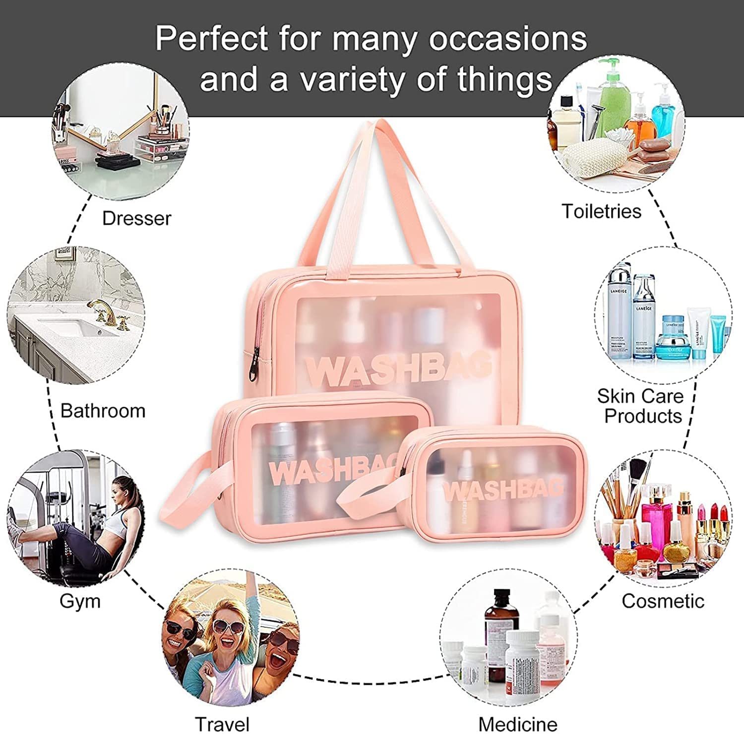 TAGUDA PVC Washbag Set Of 3 Pcs Cosmetic Toiletry Makeup Vanity Shaving Household Grooming Travel Storage Organizer Bags Pouch Kit Pack For Men Women Girls Travel (Pink) 3