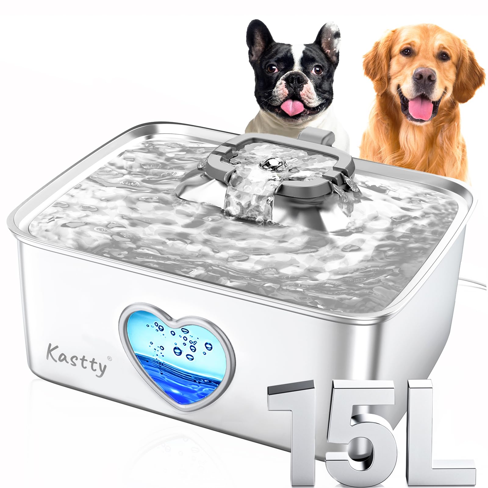 Kastty Grande fontaine à eau pour chien, 15 l en acier inoxydable, distributeur automatique d'eau à l'intérieur, pas de déversement, filtration à 5 étapes, LED bicolore, fenêtre visuelle, silencieuse