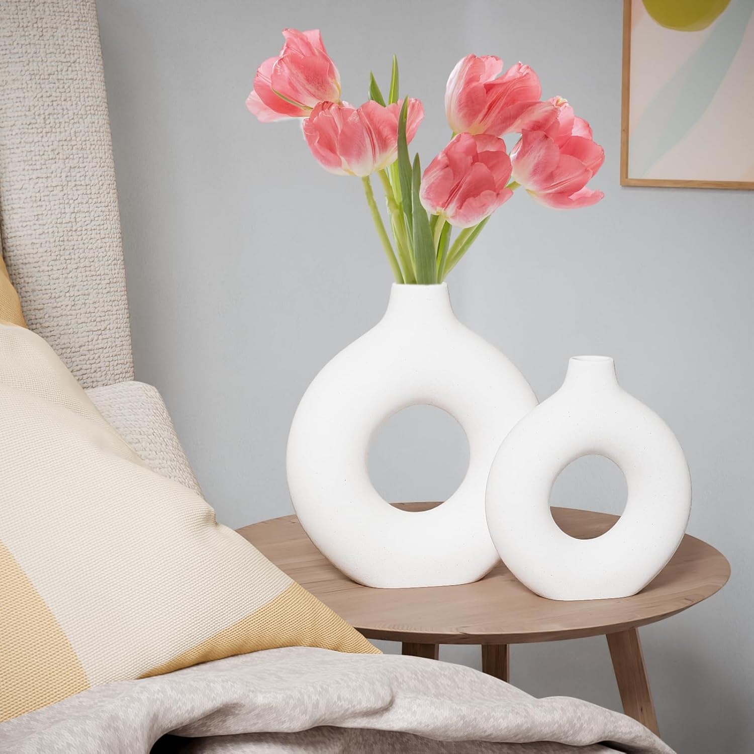 White Ceramic Vases for Decor, Home Decor Ceramic Vase Set of 2, Nordic Room Decorations Vases, Minimalist Decorative Vase for Table Centerpiece Wedding Dining Living Room Office House Decoration