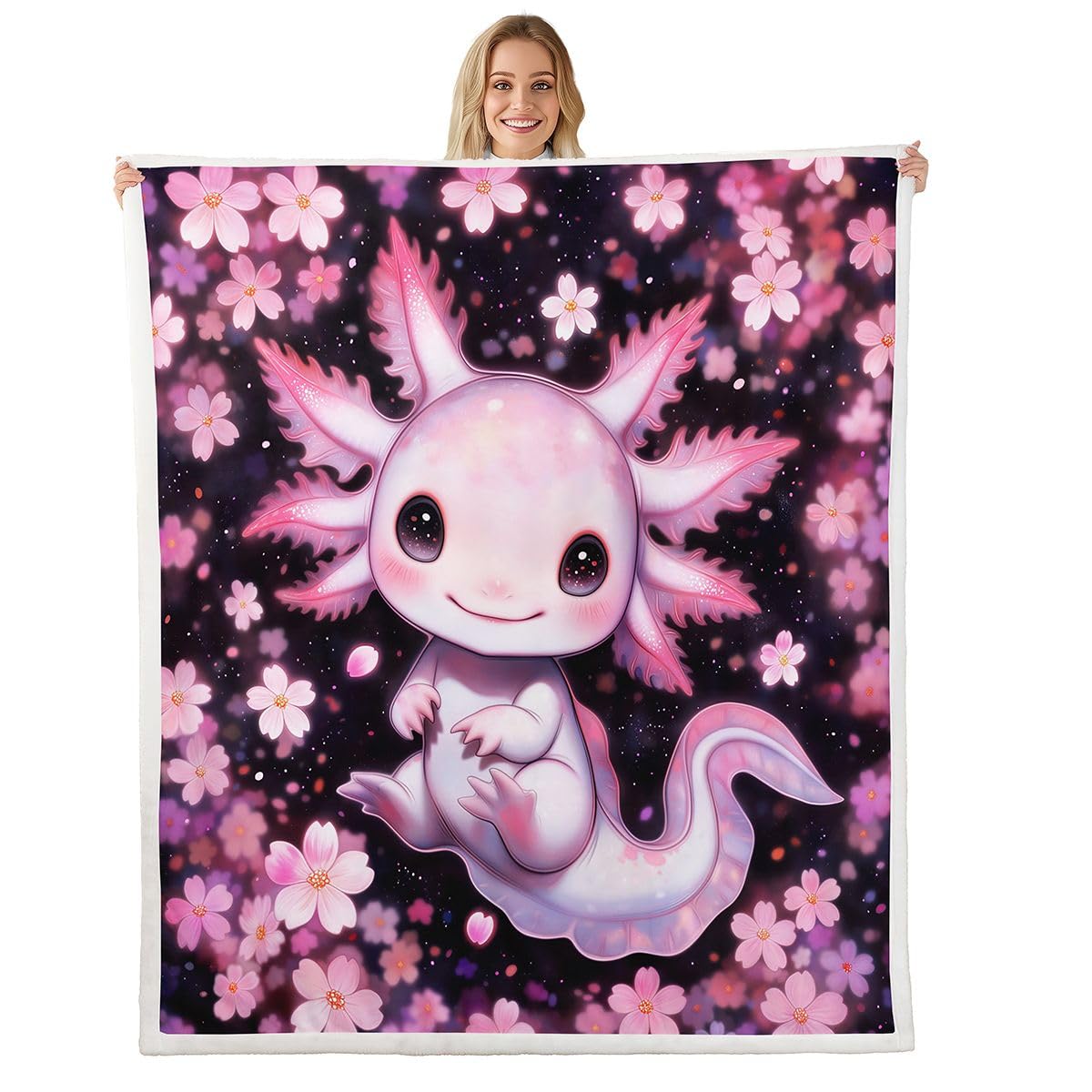 Loussiesd Uroczy Axolotl Sherpa narzuta koc na kanapę kreskówka salamandra super miękki przytulny polar kawaii ocean morska koc na zimę, pluszowa narzuta czarno-różowa, podwójna, 152 x 180 cm, na cały